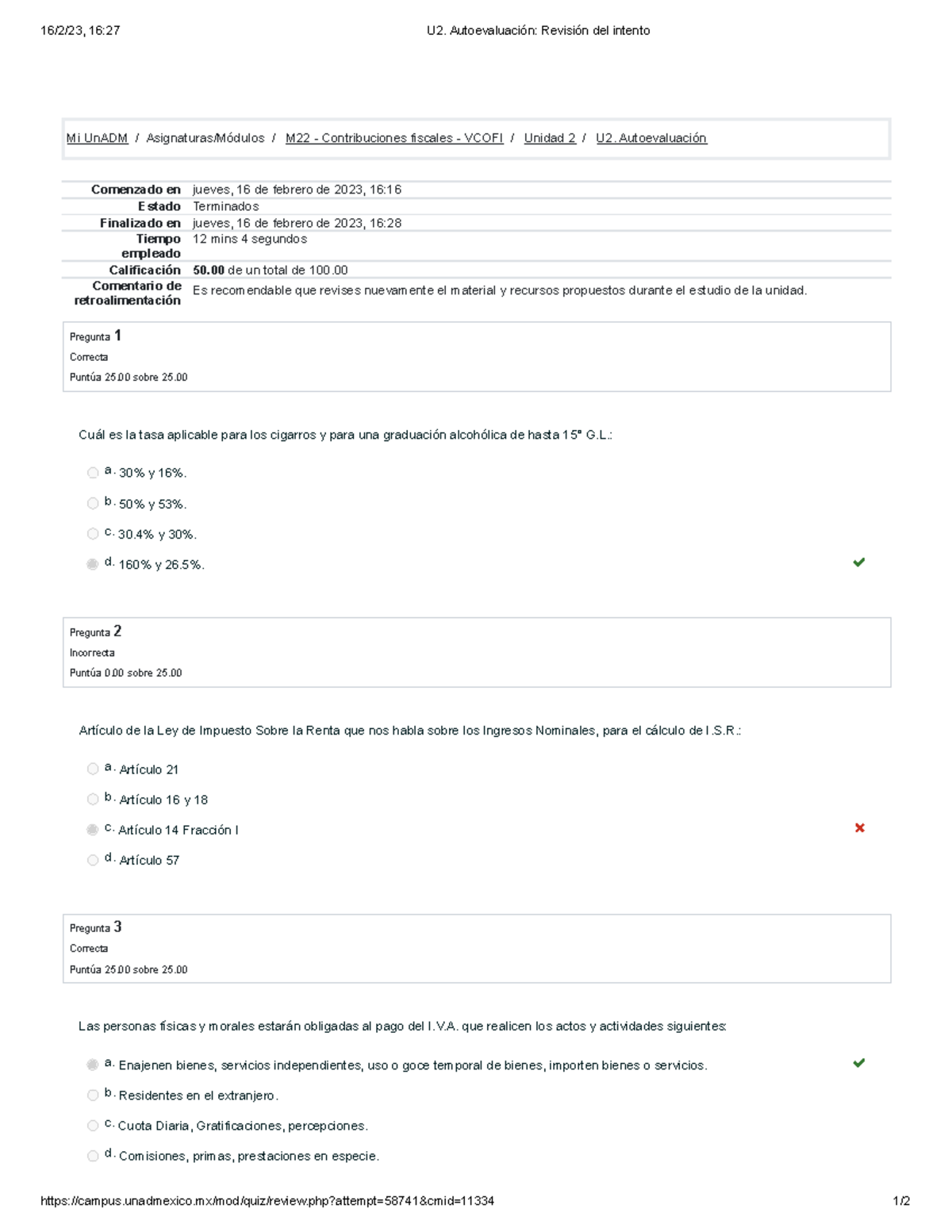 U2. Autoevaluación Revisión Del Intento - 16/2/23, 16:27 U2 ...