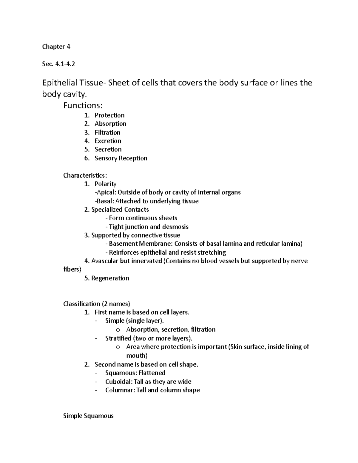 Chapter 4 Notes - Chapter 4 Sec. 4-4. Epithelial Tissue- Sheet of cells ...