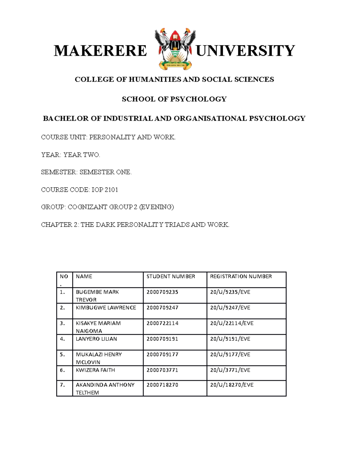 Personality AND WORK Group WORK MAKERERE UNIVERSITY COLLEGE OF