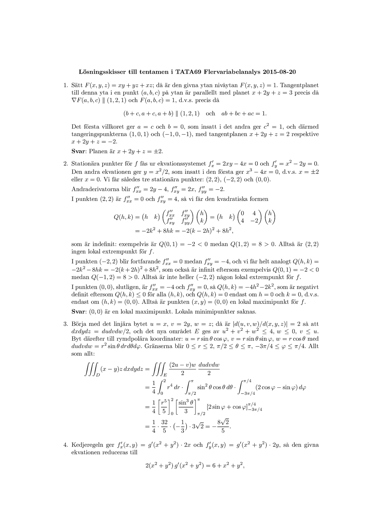 Tenta Augusti 15 Svar Till Tentamen Tata69 Flervariabelanalys Xy Yz Den Studocu