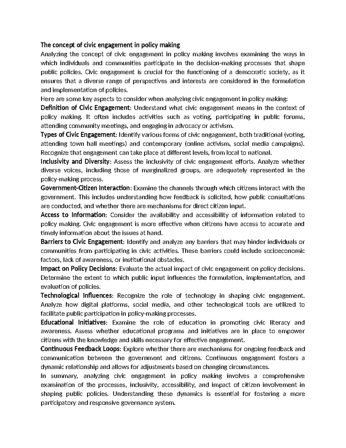 The concept of civic engagement in policy making - Civic engagement is ...