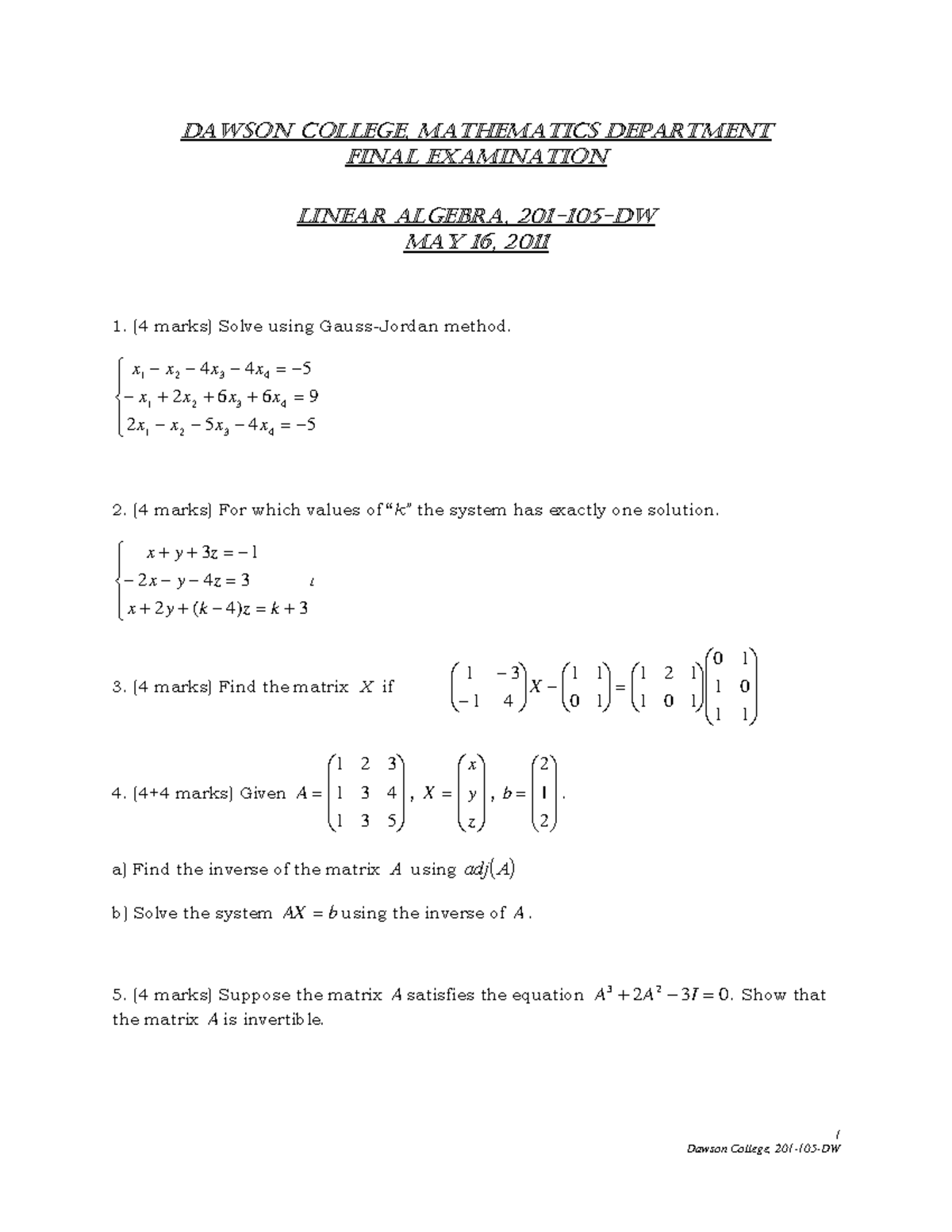 201 105 Dw Winter 2011 - Old Exam. - 1 Dawson College, Mathematics ...