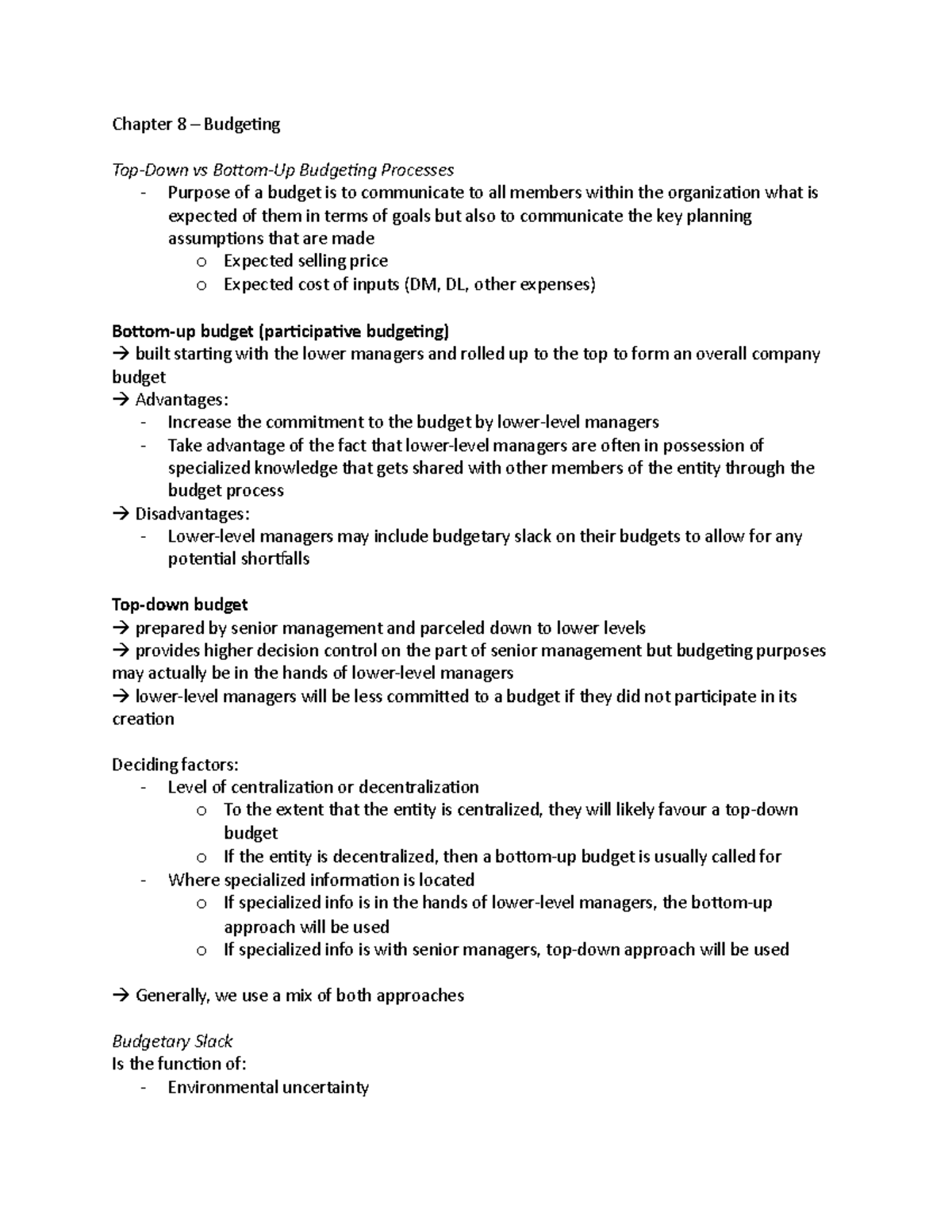 Chapter 8 Notes - Budgeting - Chapter 8 – Budgeting Top-Down vs Bottom ...
