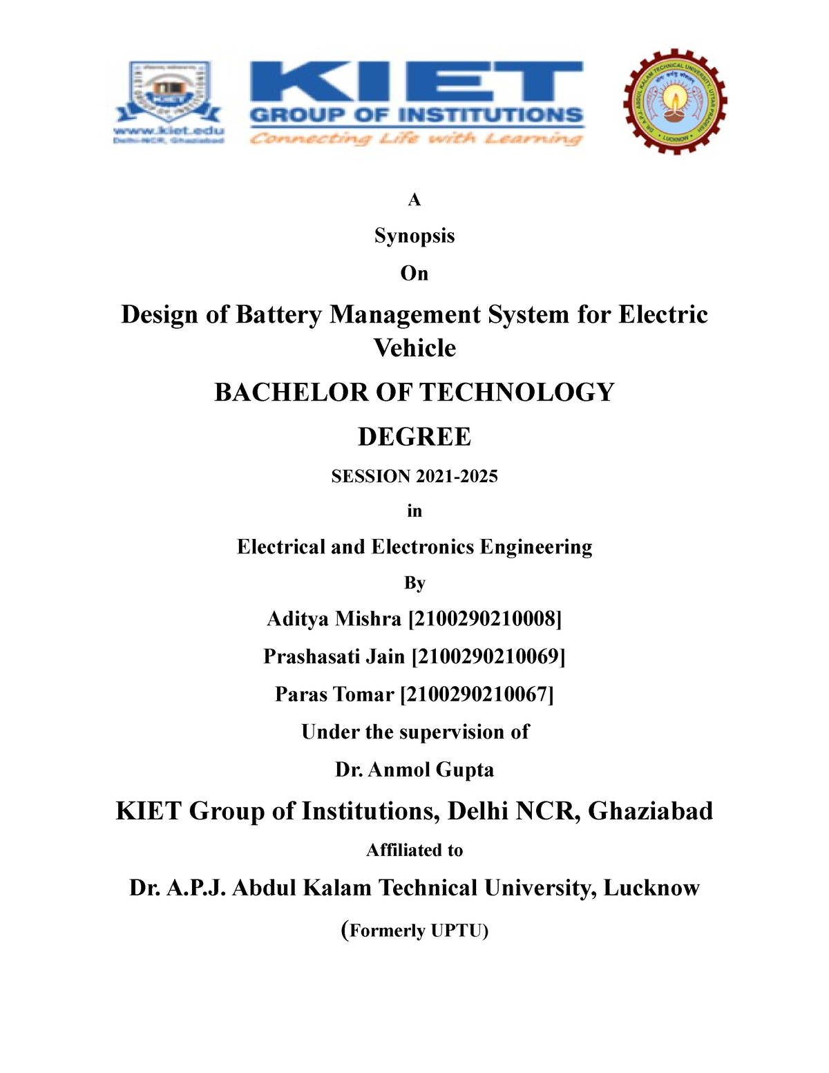 Major Project Synopsis - A AA A Synopsis On Design Of Battery ...