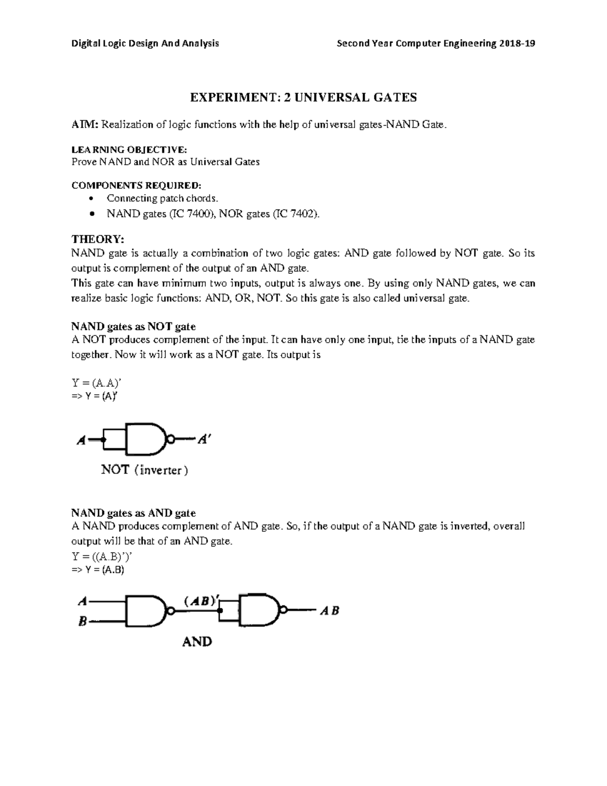 Experiment 2 DLDA 2018-19 - Digital Logic Design And Analysis Second ...