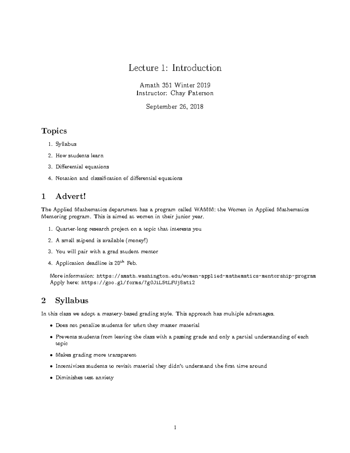 AMATH 351 Winter Quarter 2019 Lecture 1 - Lecture 1: Introduction Amath ...