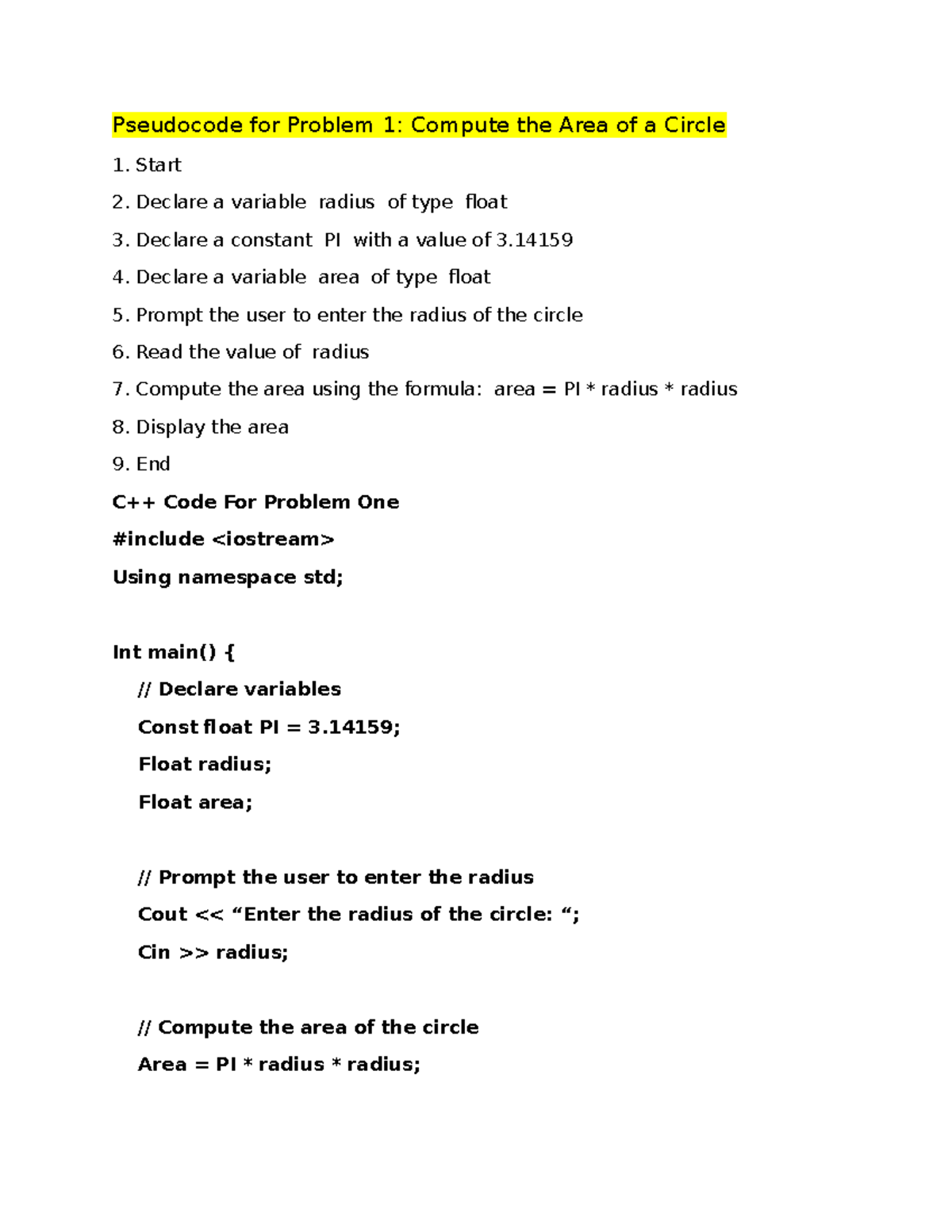 Programming Exercise 02 Zambales - Pseudocode for Problem 1: Compute ...