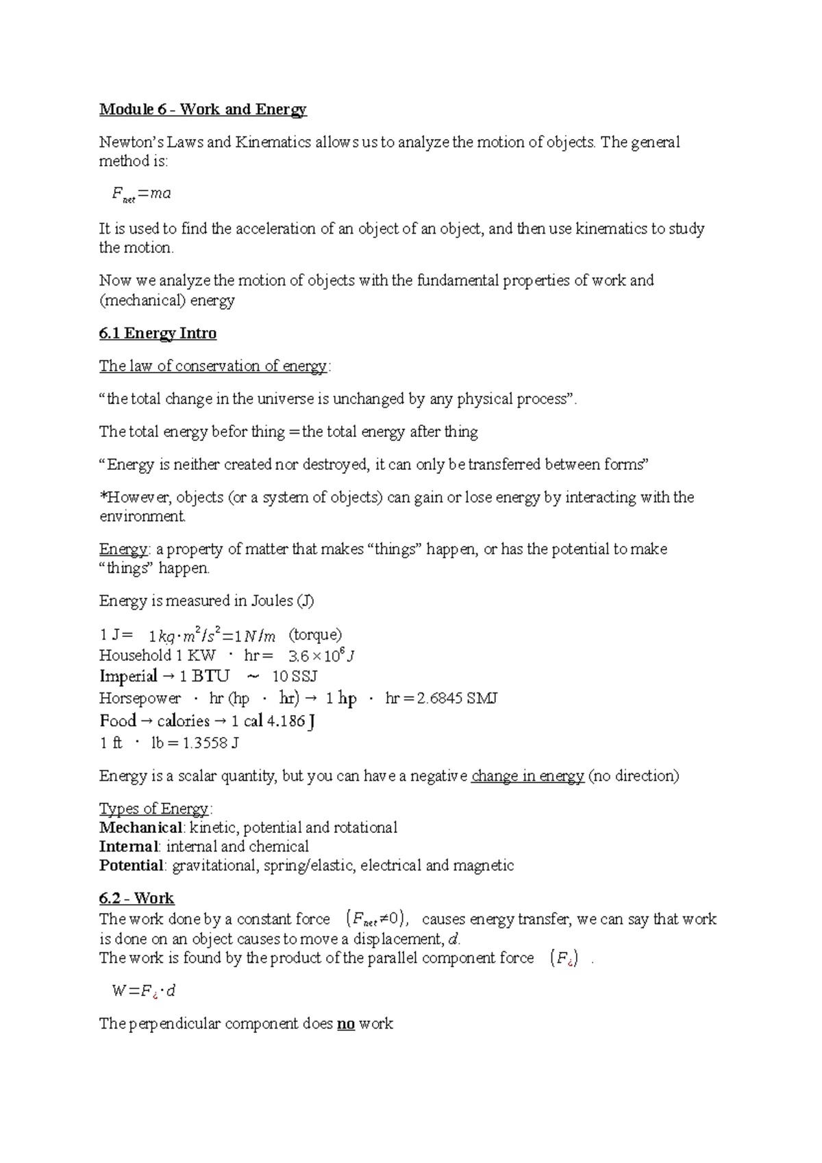 Module 6 - Work And Energy - Module 6 - Work And Energy Newton’s Laws ...