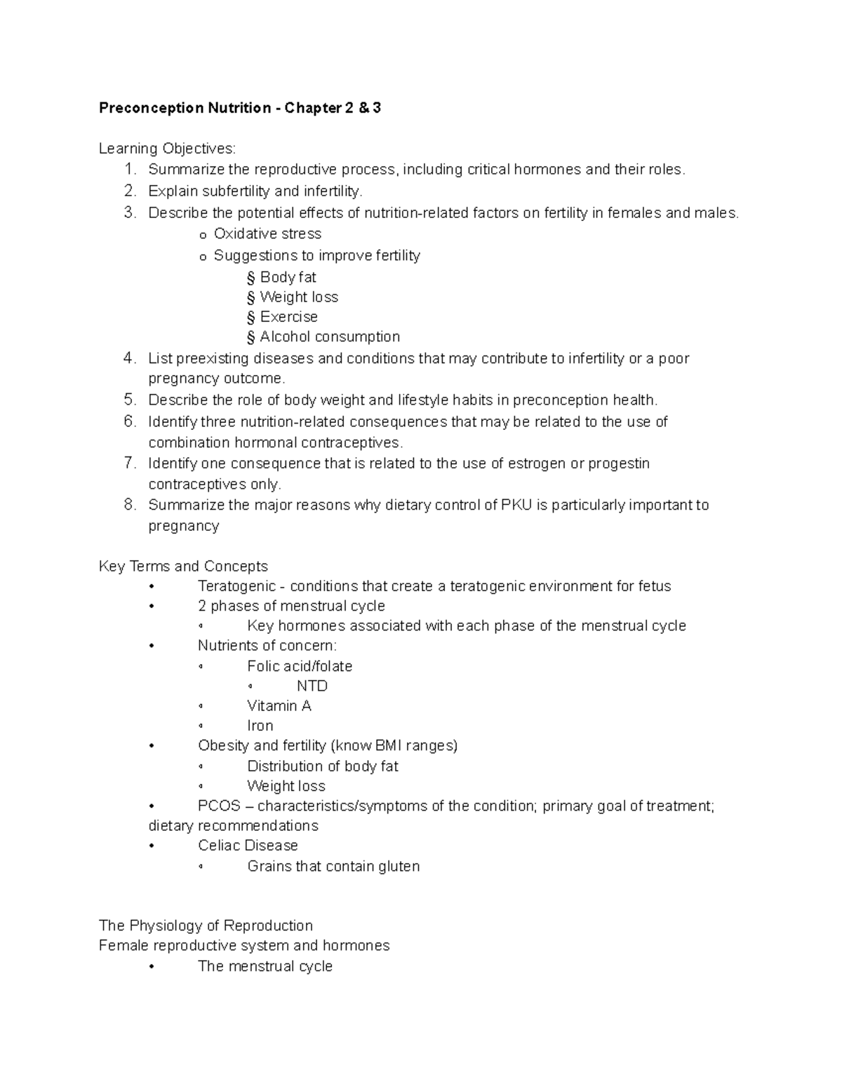 Life Cycle Wk 2 Notes Google Docs Preconception Nutrition Chapter
