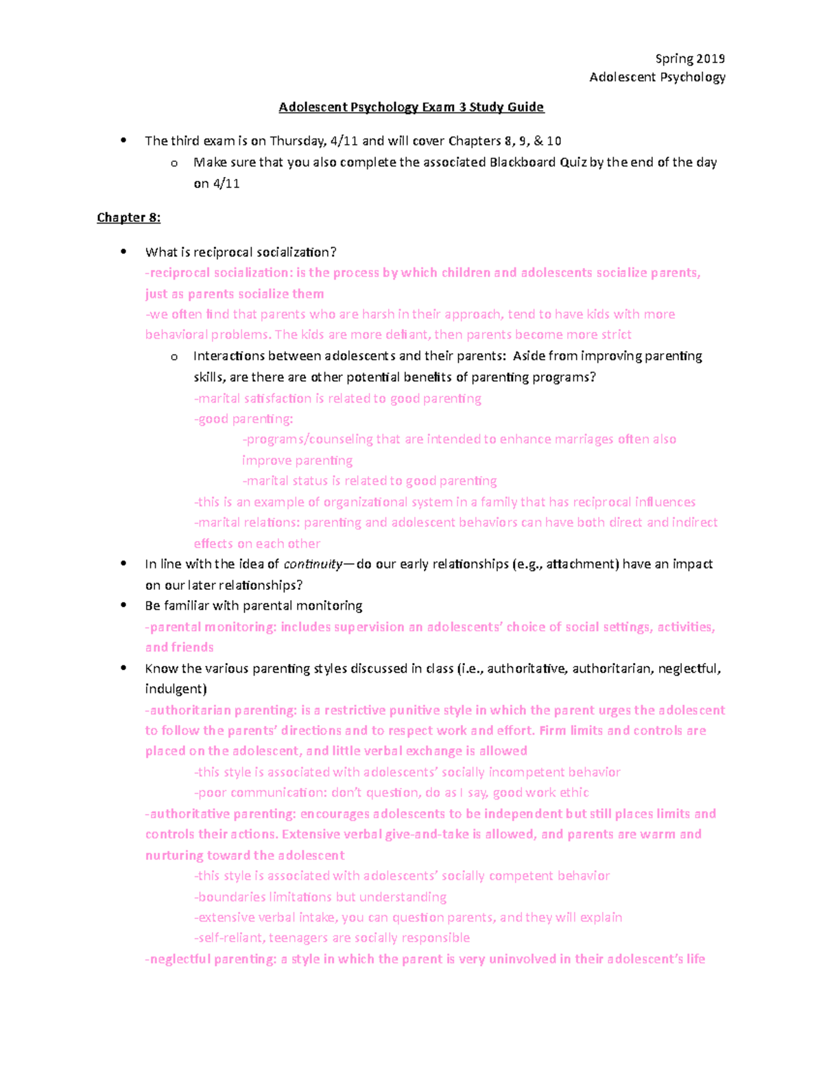 Exam 3 Study Guide - Lecture notes 10-18 - Spring 2019 Adolescent ...