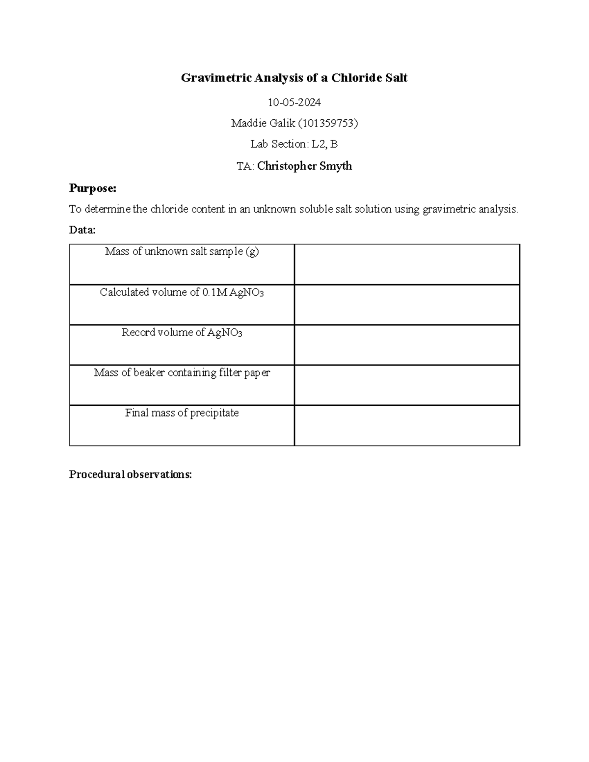 Gravimetric Analysis of a Chloride Salt pre lab - Gravimetric Analysis ...