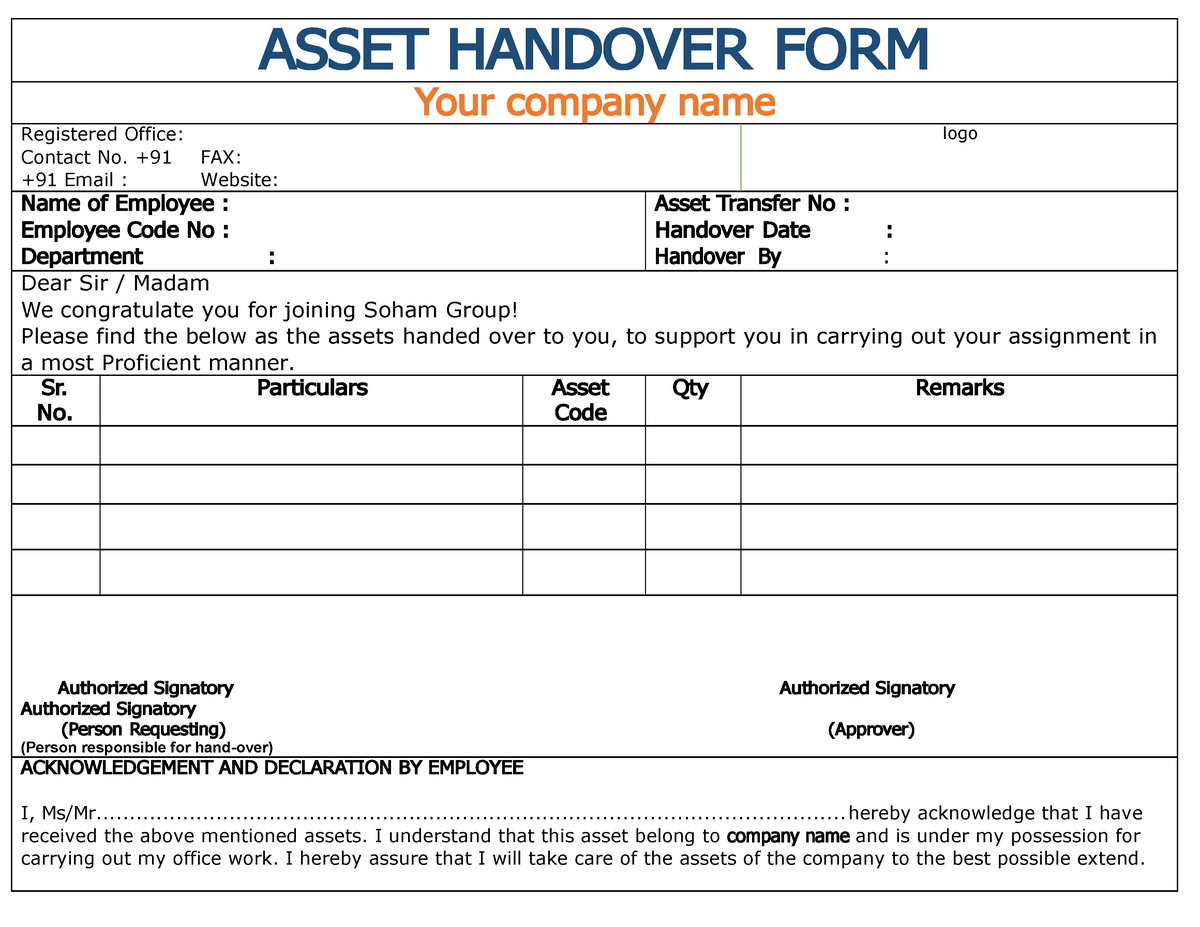 Company asset handover form - ASSET HANDOVER FORM Your c om pan