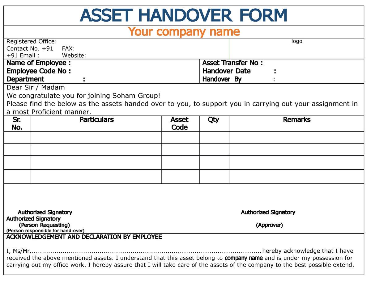 Company Asset Handover Form ASSET HANDOVER FORM Your C Om Pan Y N Ame 