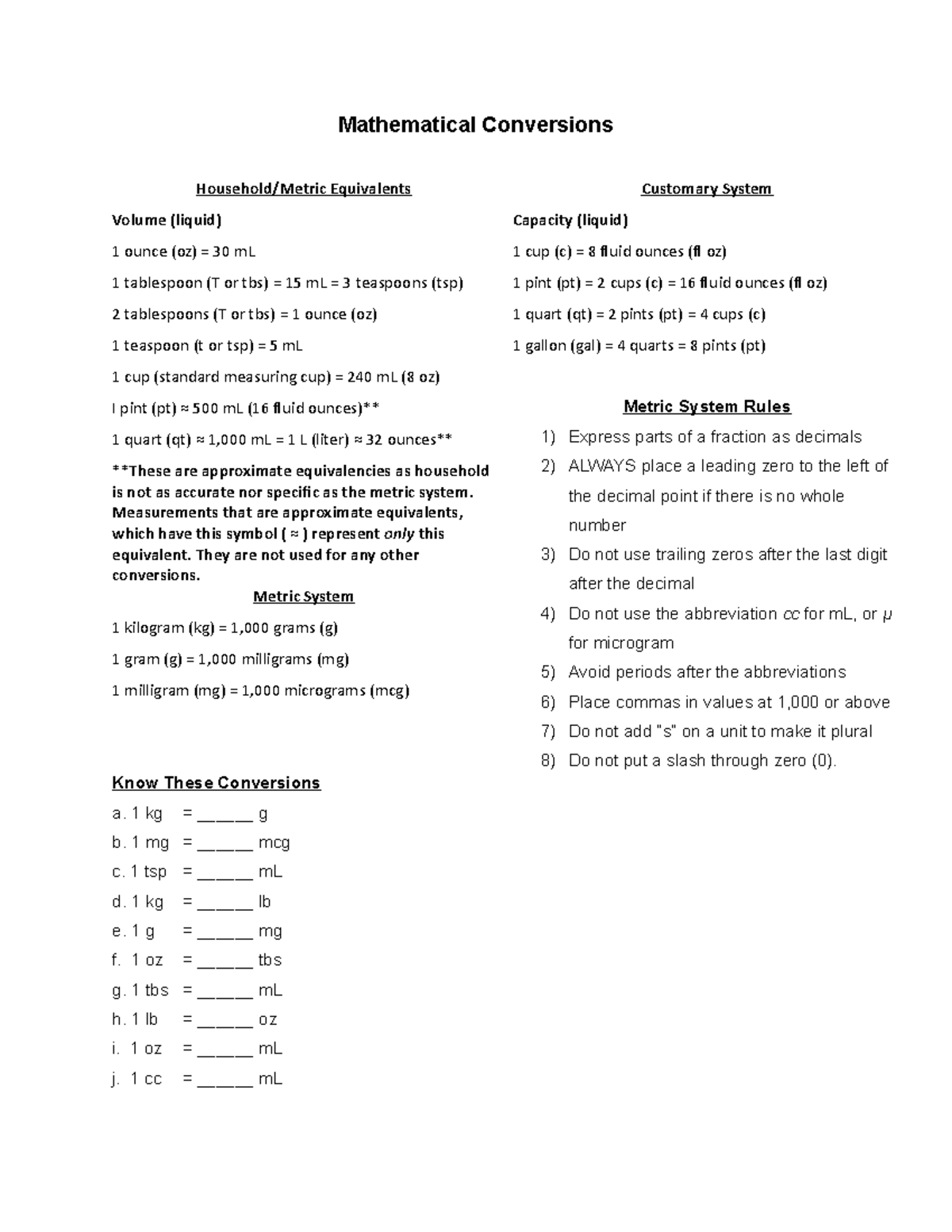 Math conversions 1 conversions mathematical conversions household