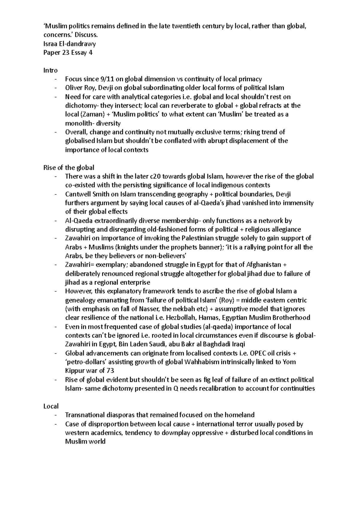 Paper 23 essay 4 - Grade: 2.1 - ‘Muslim politics remains defined in the ...