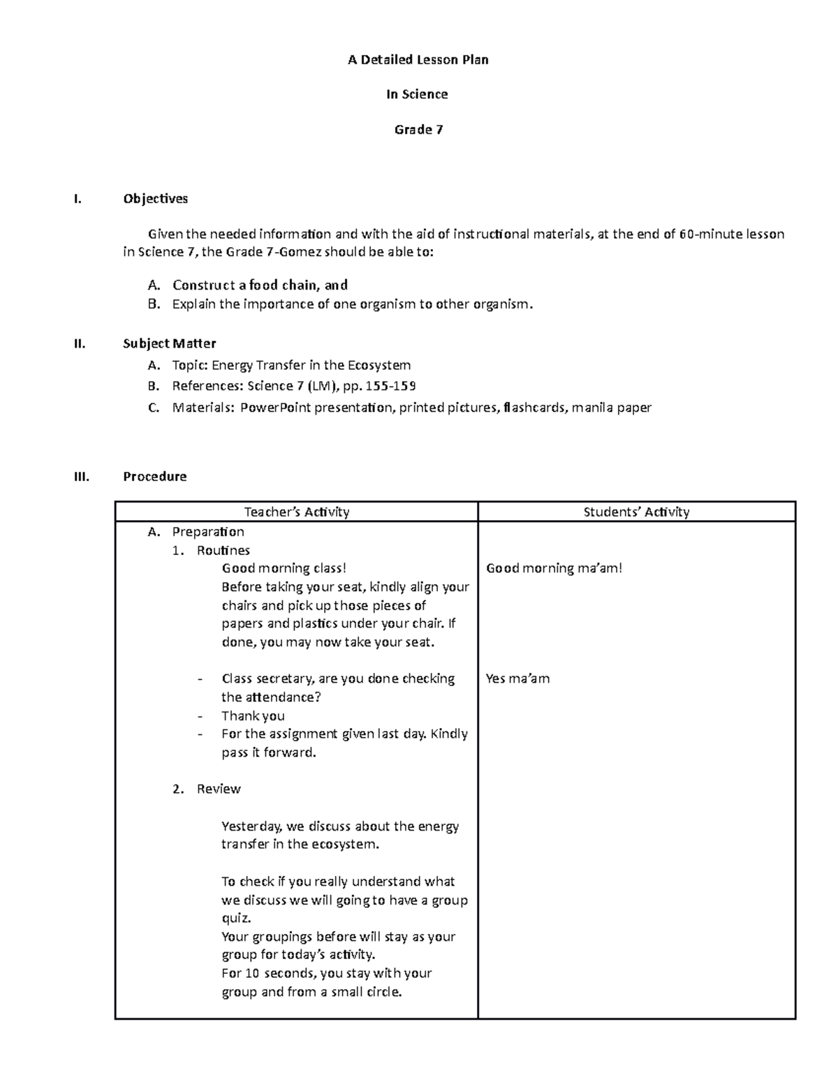 Lesson Plan(Food Chain) - A Detailed Lesson Plan In Science Grade 7 I ...