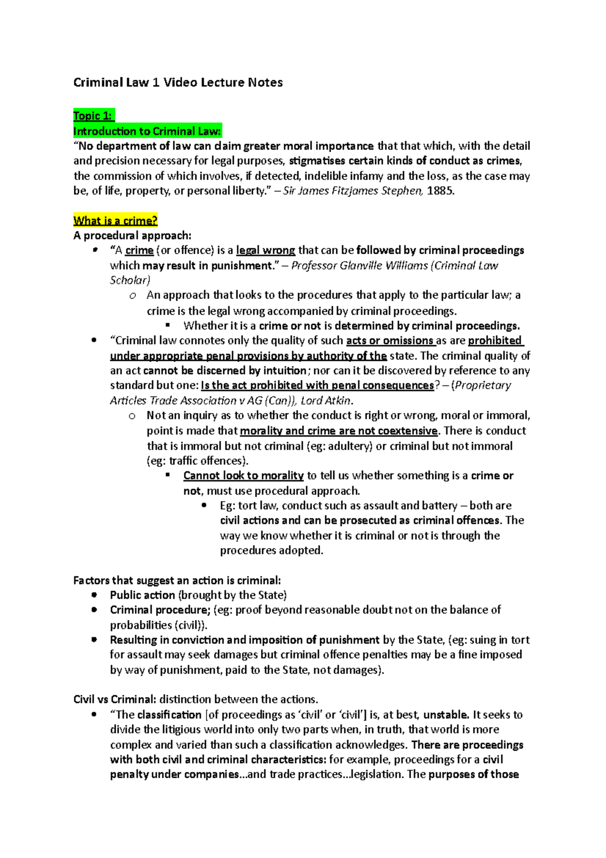 Crim Video Lecture Notes - Criminal Law 1 Video Lecture Notes Topic 1 ...