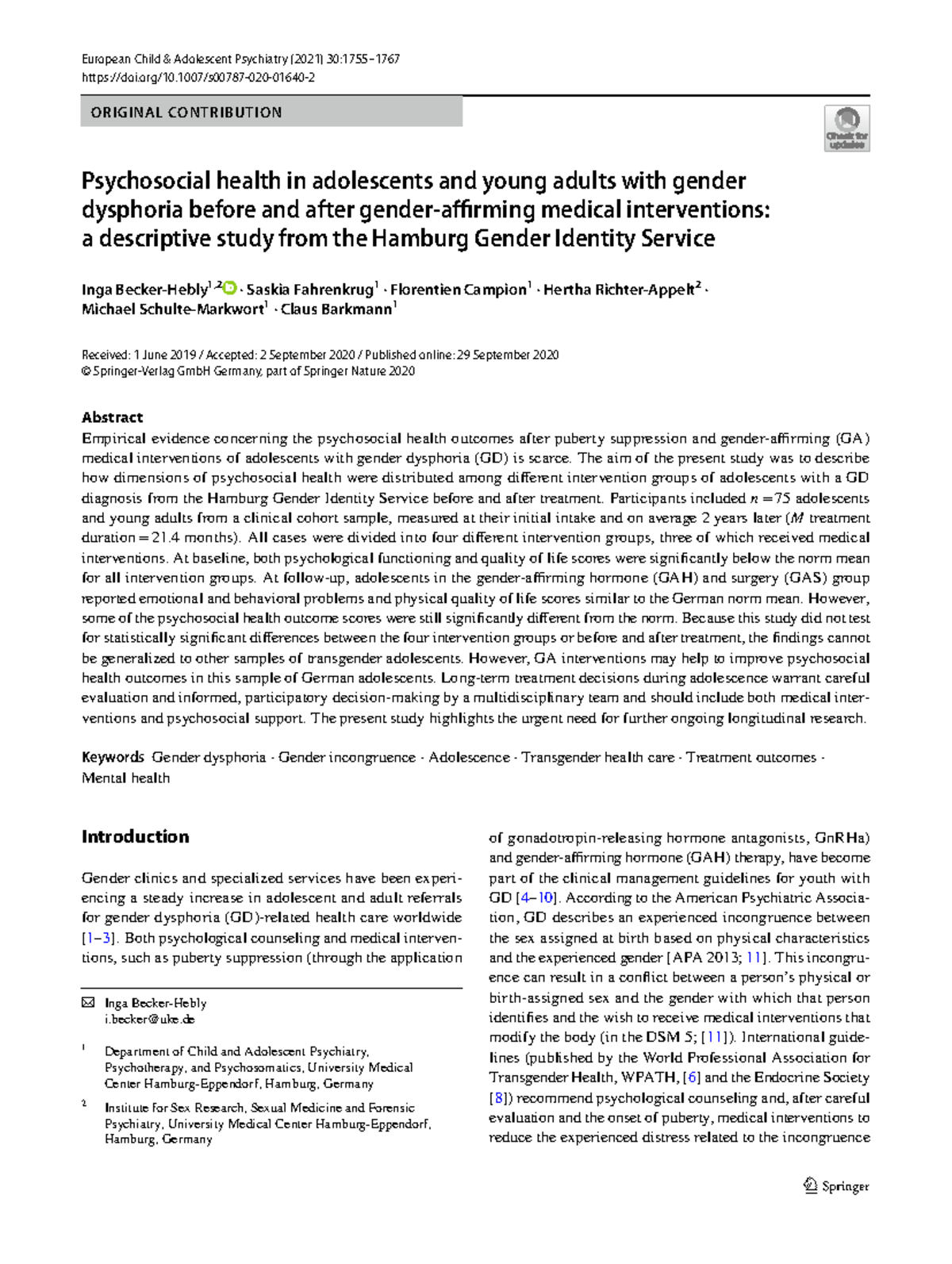 Psychosocial health in adolescents and young adults with gender ...