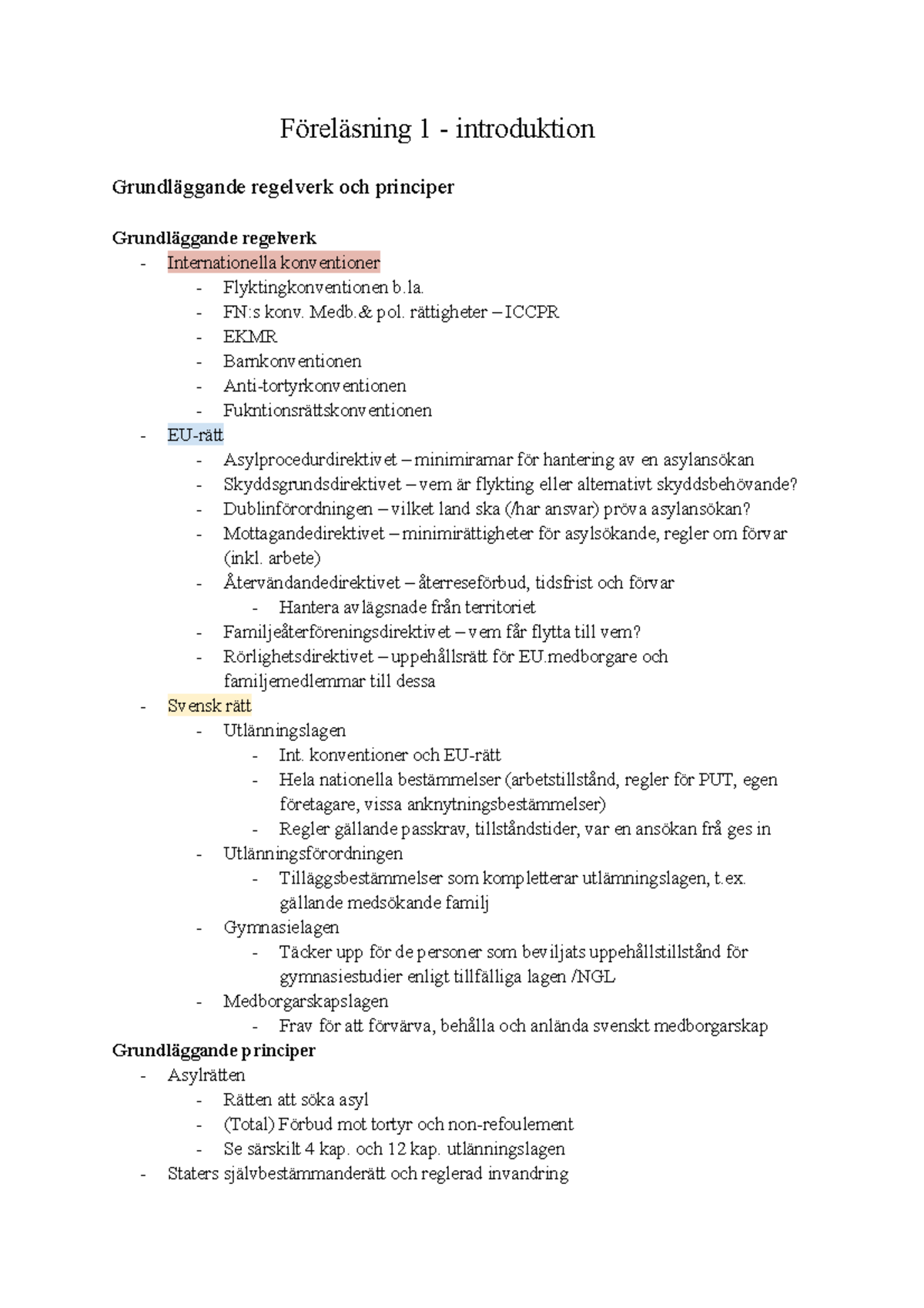 Asylrätt - Föreläsning 1 - Introduktion Grundläggande Regelverk Och ...