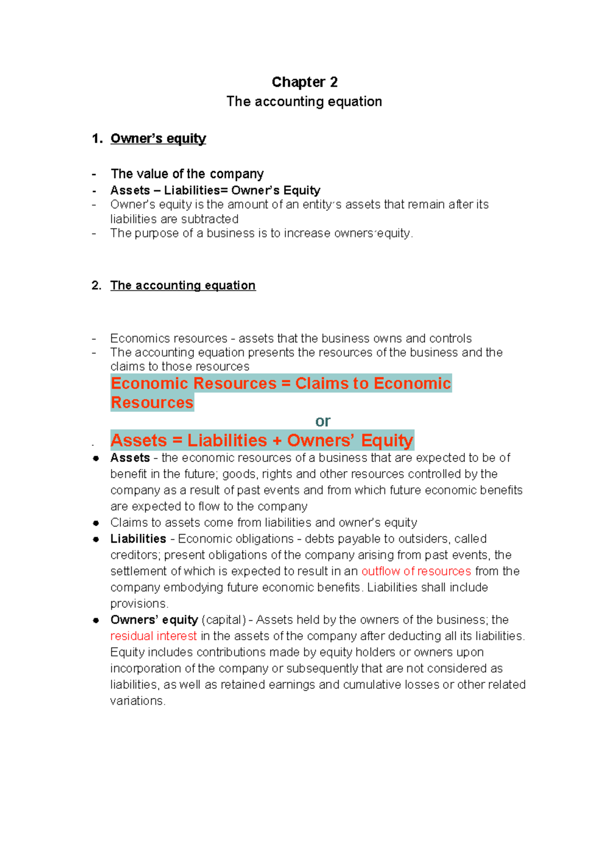 Chapter 2 - Class notes - Chapter 2 The accounting equation 1. Owner’s ...
