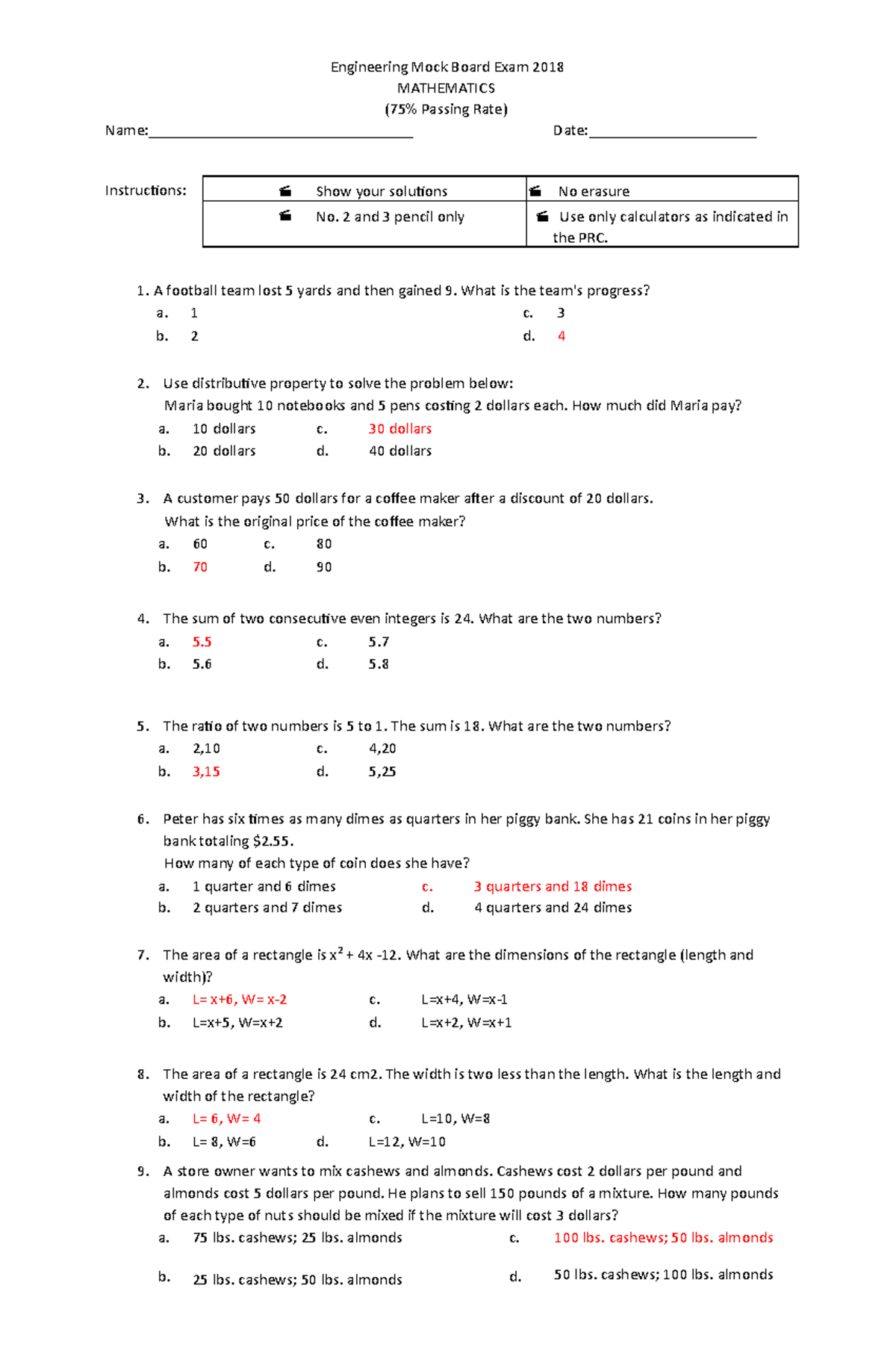 Engineering Mock Board Exam 2018 - with answers - Engineering Mock ...