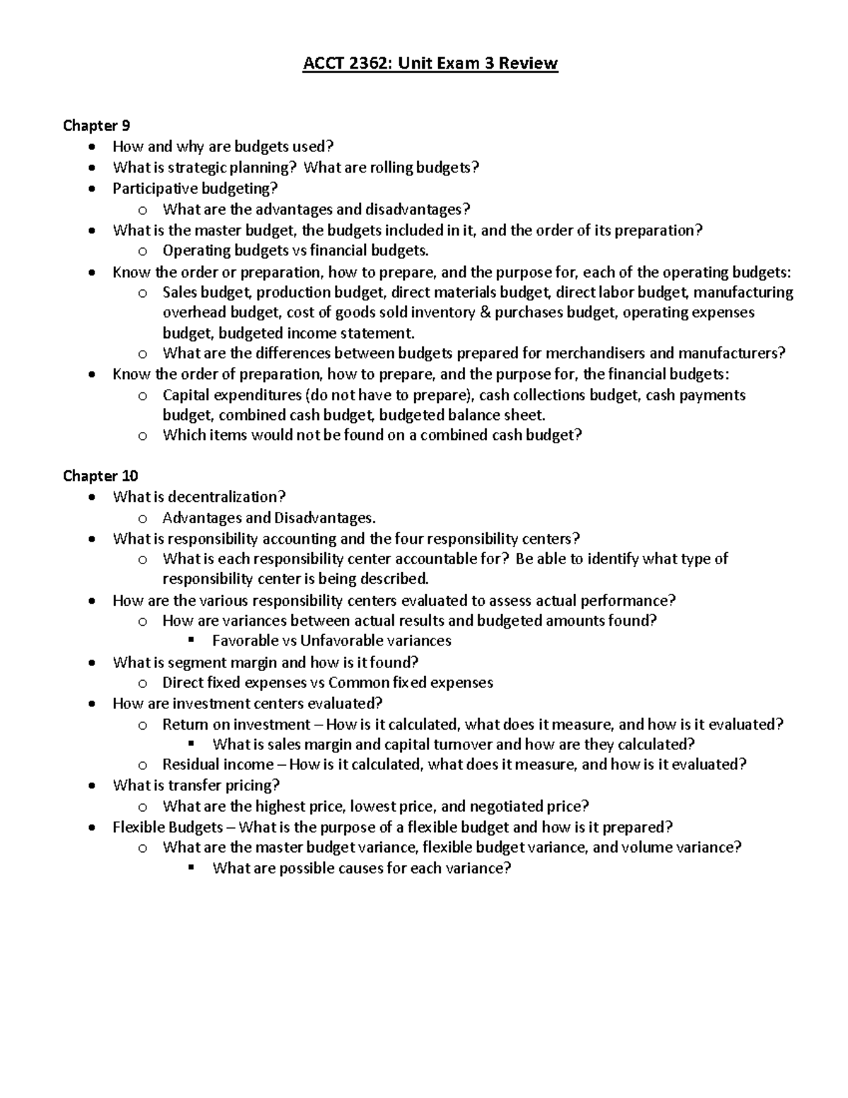 ACCT 2362 Unit Exam 3 Review - ACCT 2362: Unit Exam 3 Review Chapter 9 ...