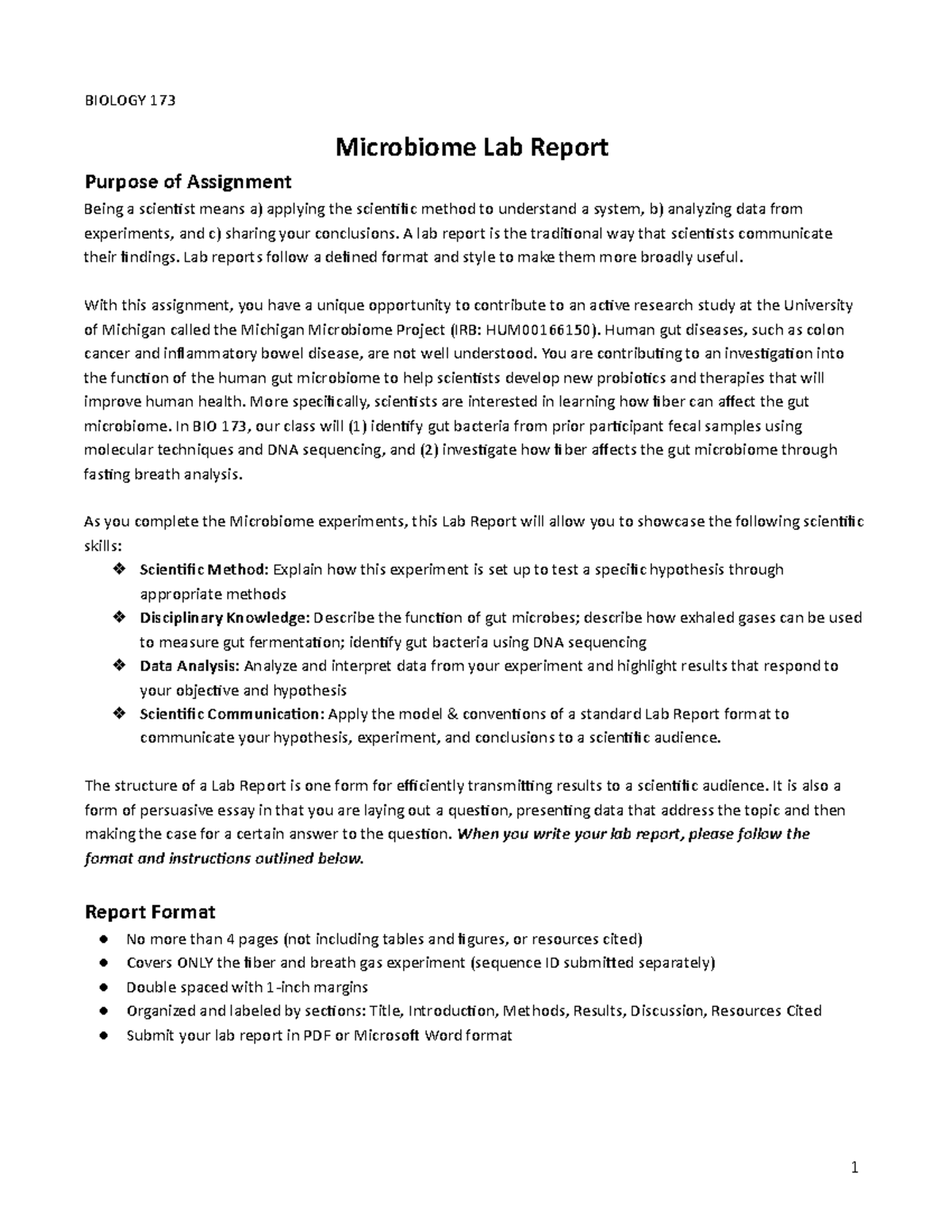 173 Lab Report Instructions FA22 - BIOLOGY 173 Microbiome Lab Report ...