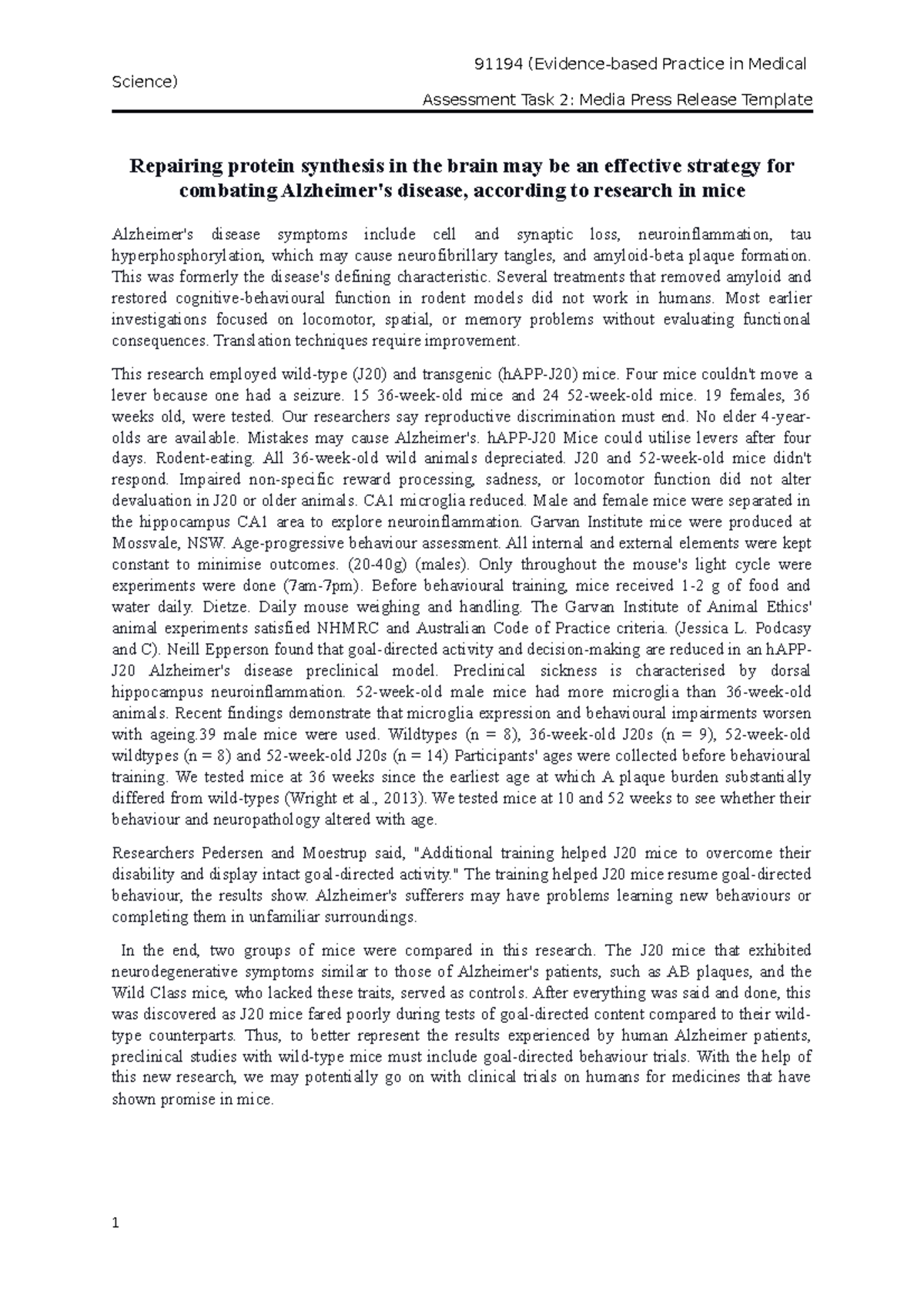Final Media Press Release - Science) Assessment Task 2: Media Press ...