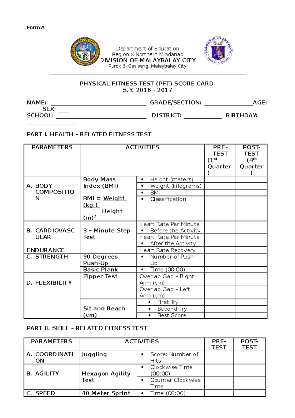 Fitness Test Score Card Form A Department Of Education Region 