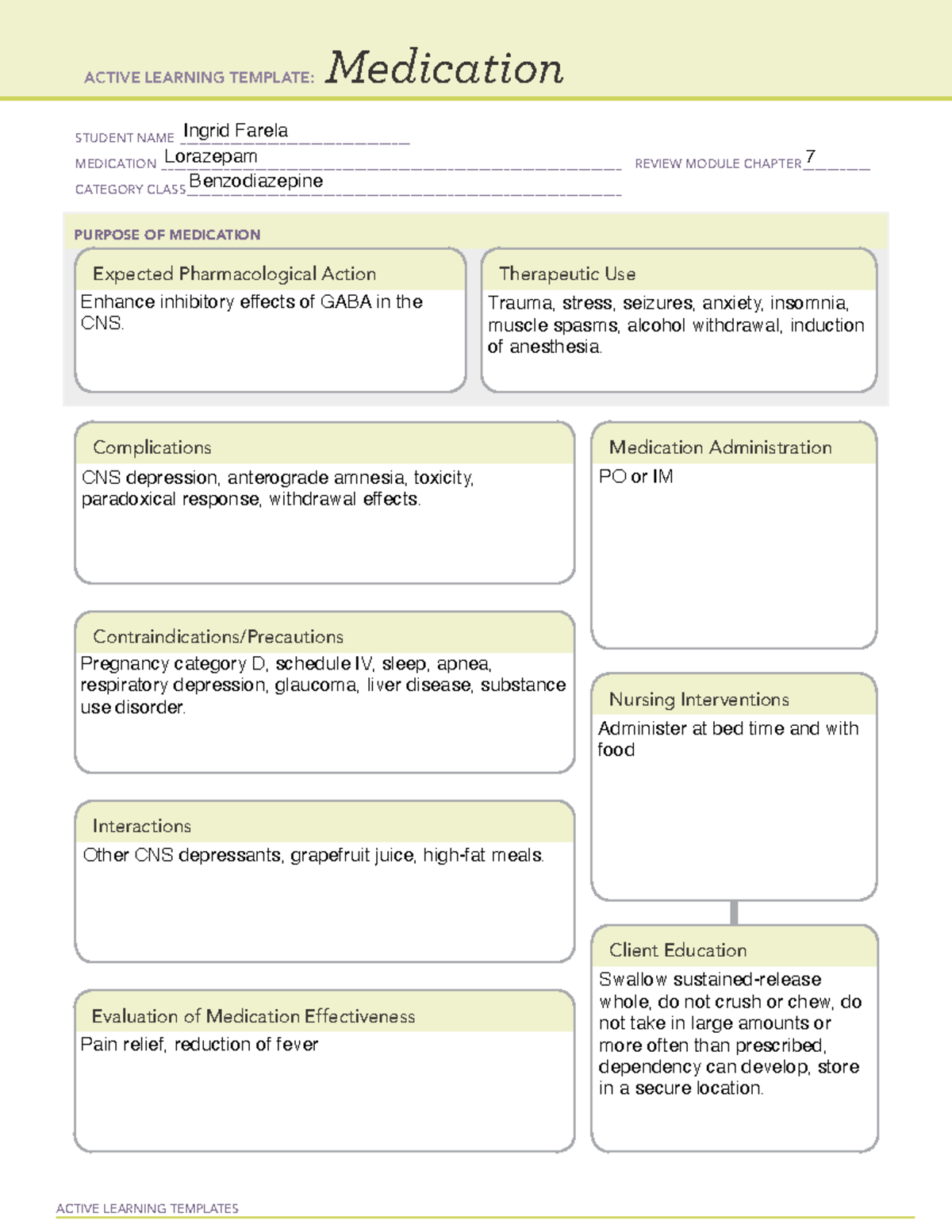 Benzodiazepine Med Card ACTIVE LEARNING TEMPLATES Medication STUDENT