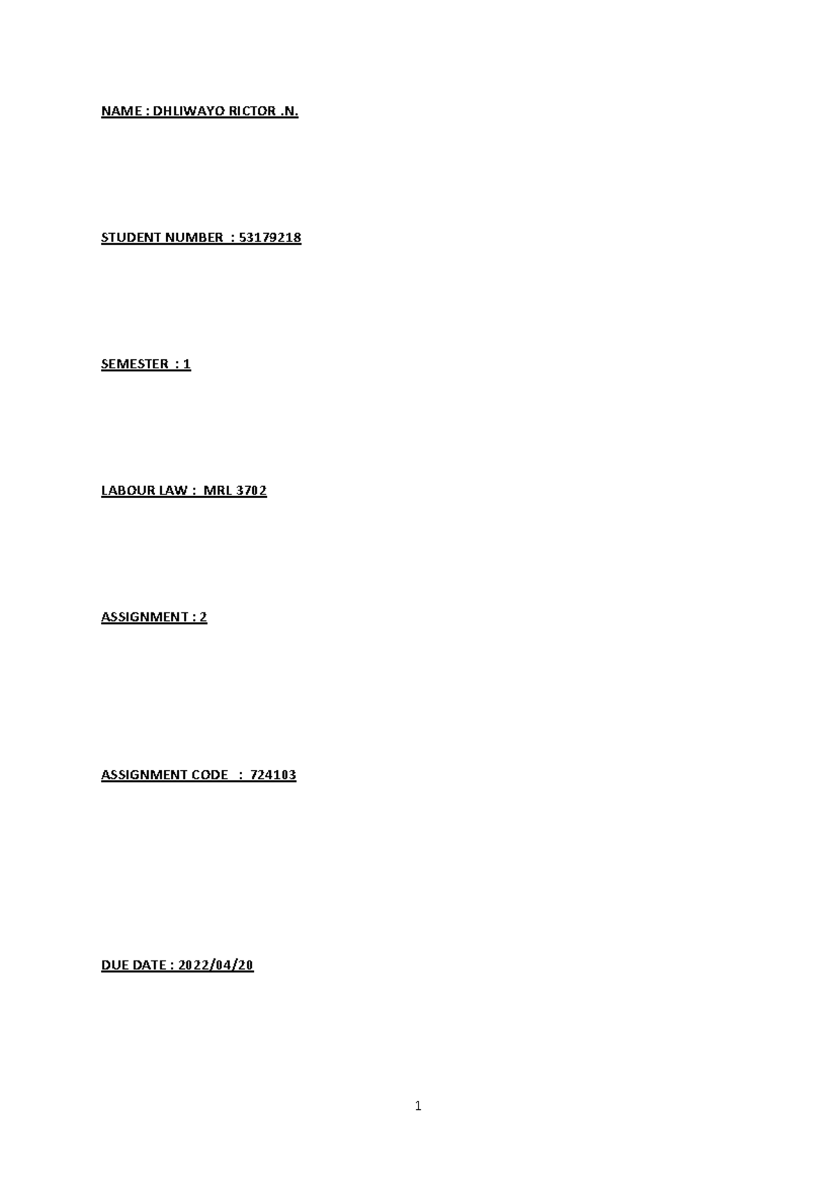 Labour LAW 3702 Assignment 2 2022 - NAME : DHLIWAYO RICTOR .N. STUDENT ...