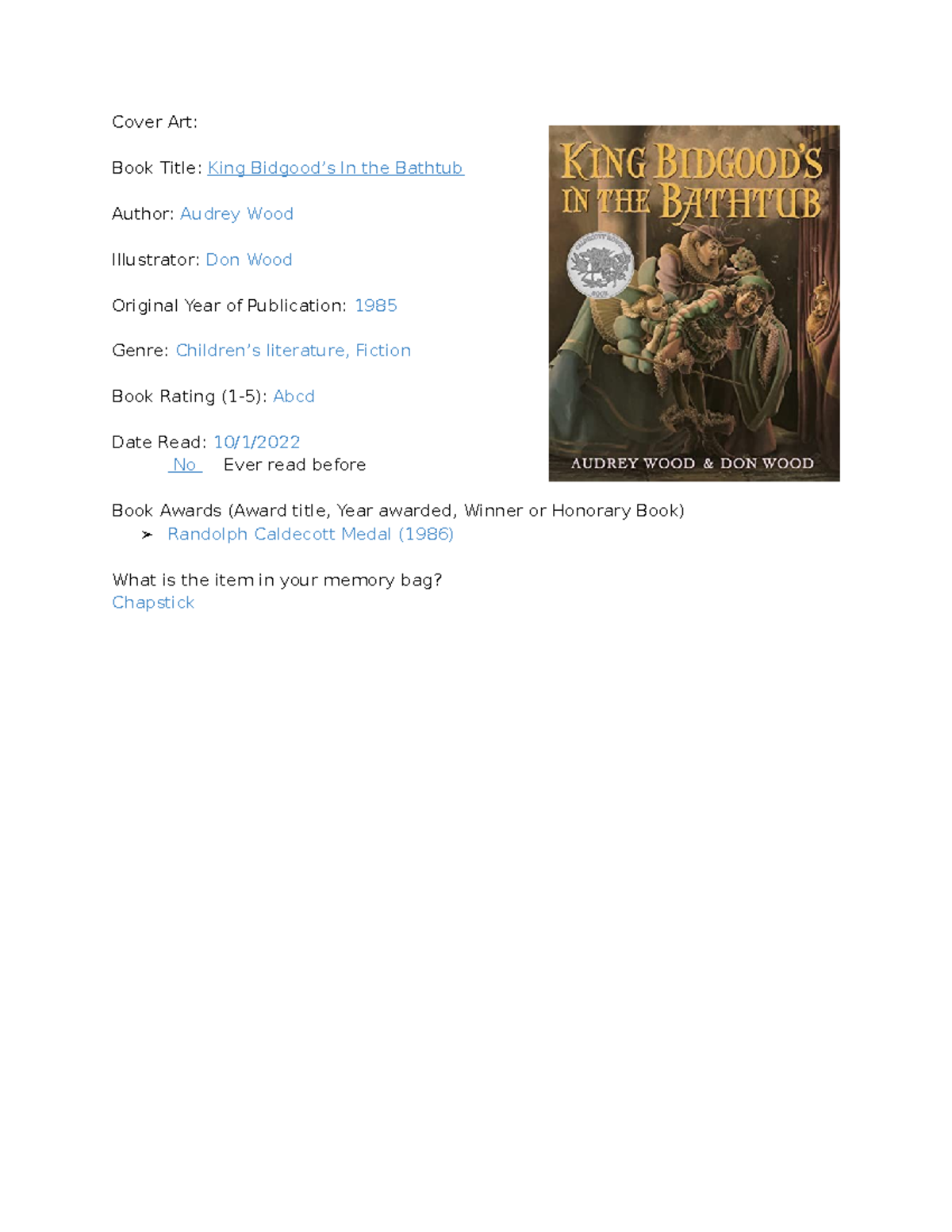 King Bidgood memory bag activity form Cover Art Book Title King