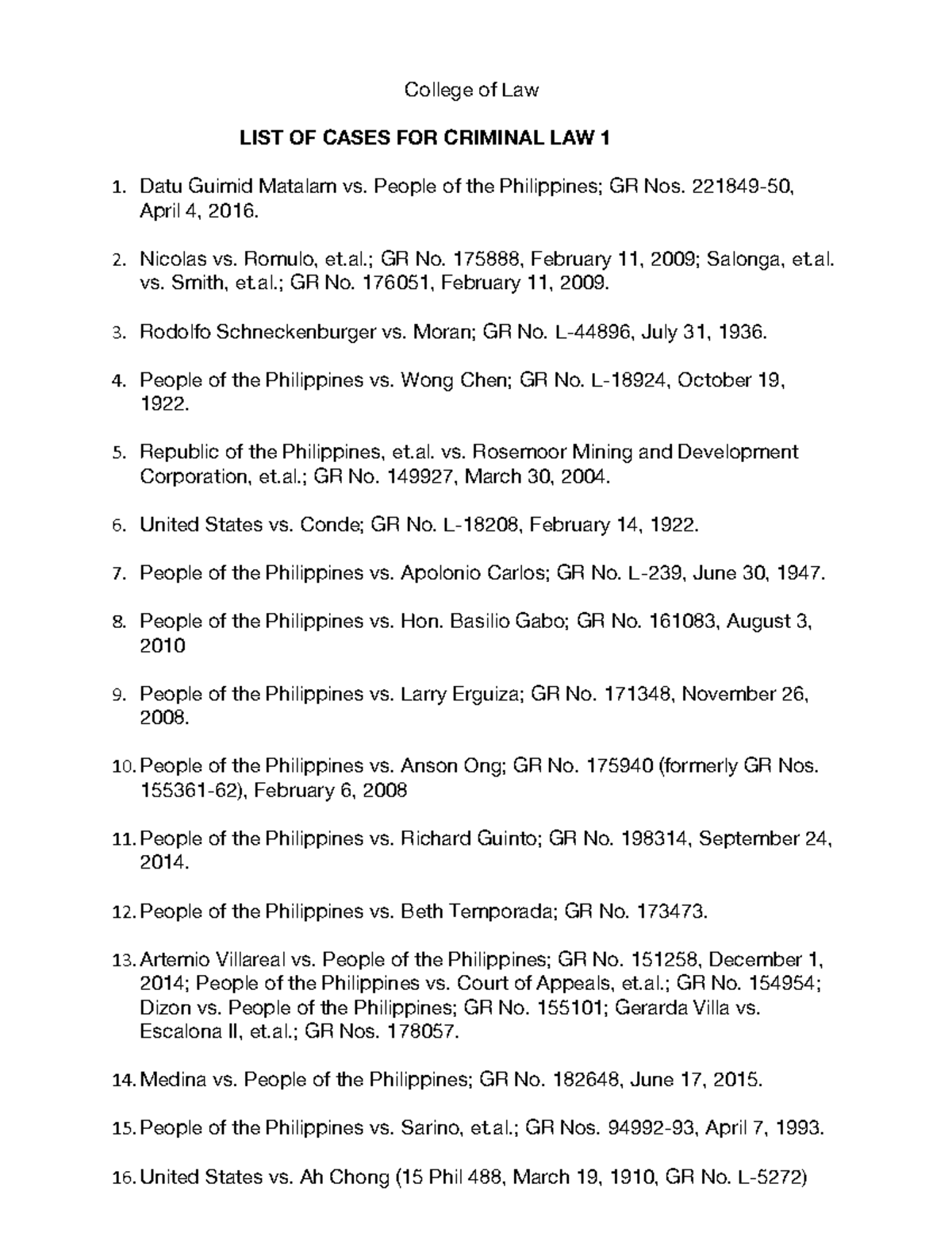 Cases Criminal LAW 1 - Case summaries on crim law - College of Law LIST ...