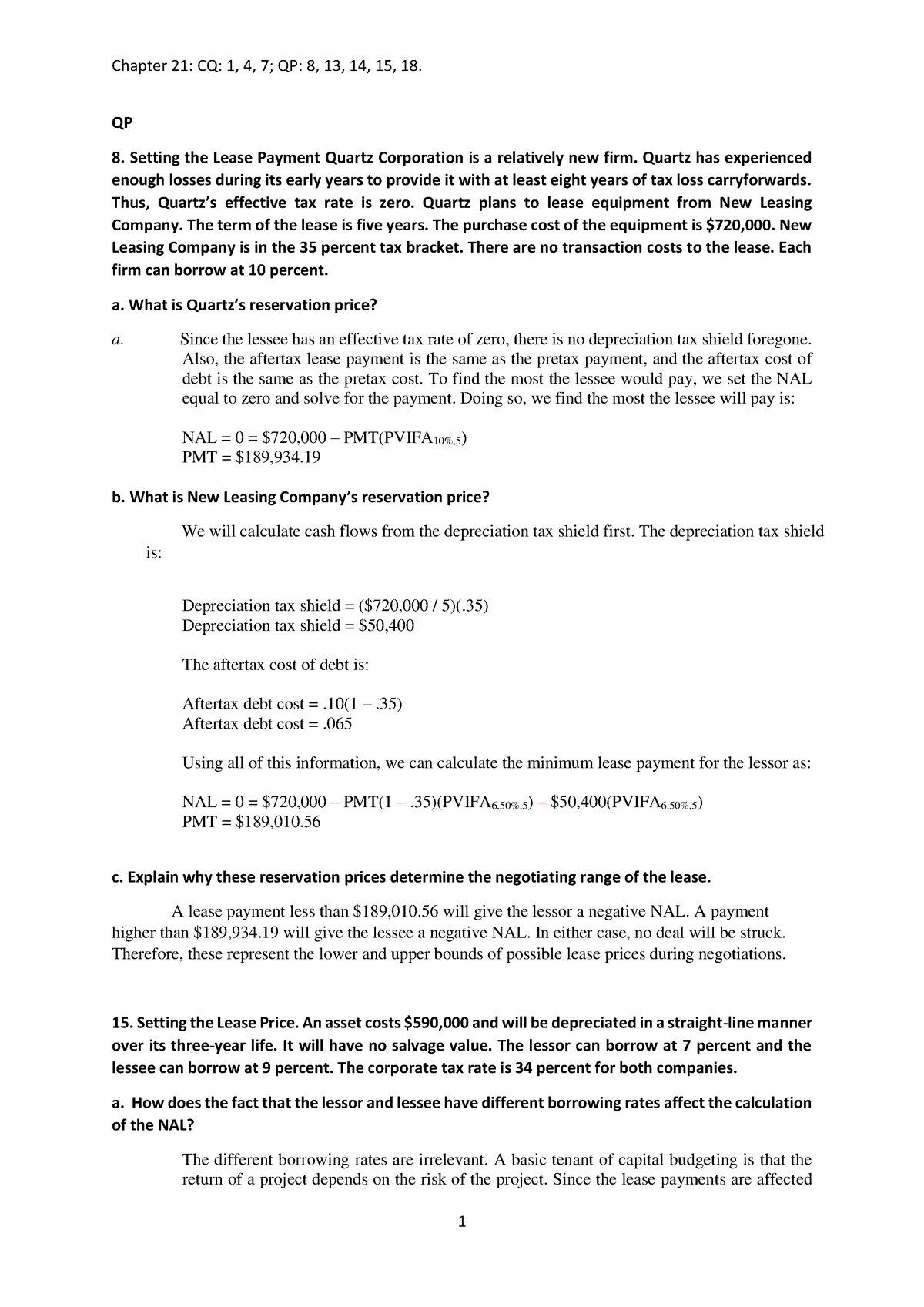 FIN322 Tutorial 7 Solutions - QP 8. Setting The Lease Payment Quartz ...