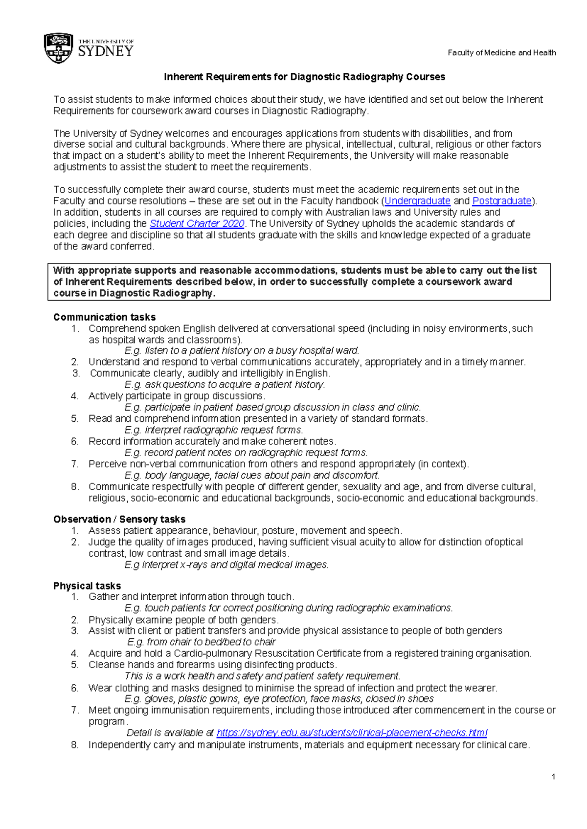 Diagnostic radiography inherent requirements Faculty of Medicine and