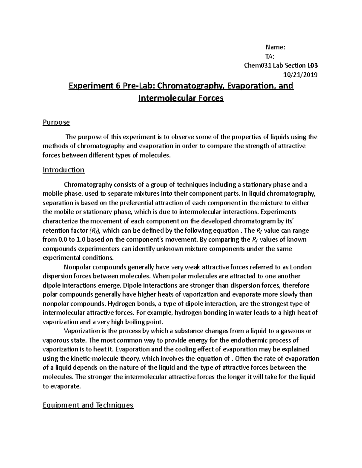 Lab 6 PreLab Chromatography, Evaporation, and Intermolecular Forces
