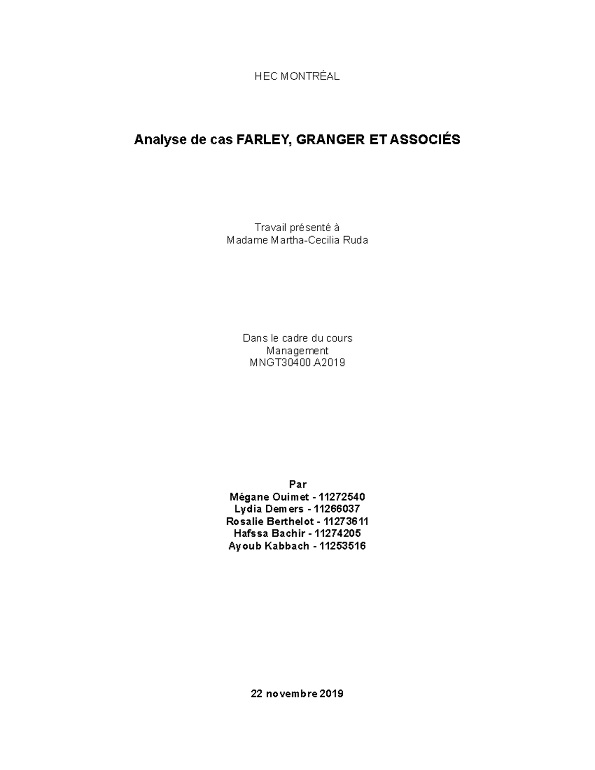 Management projet Cas Farley, Granger et Associés HEC MONTRÉAL