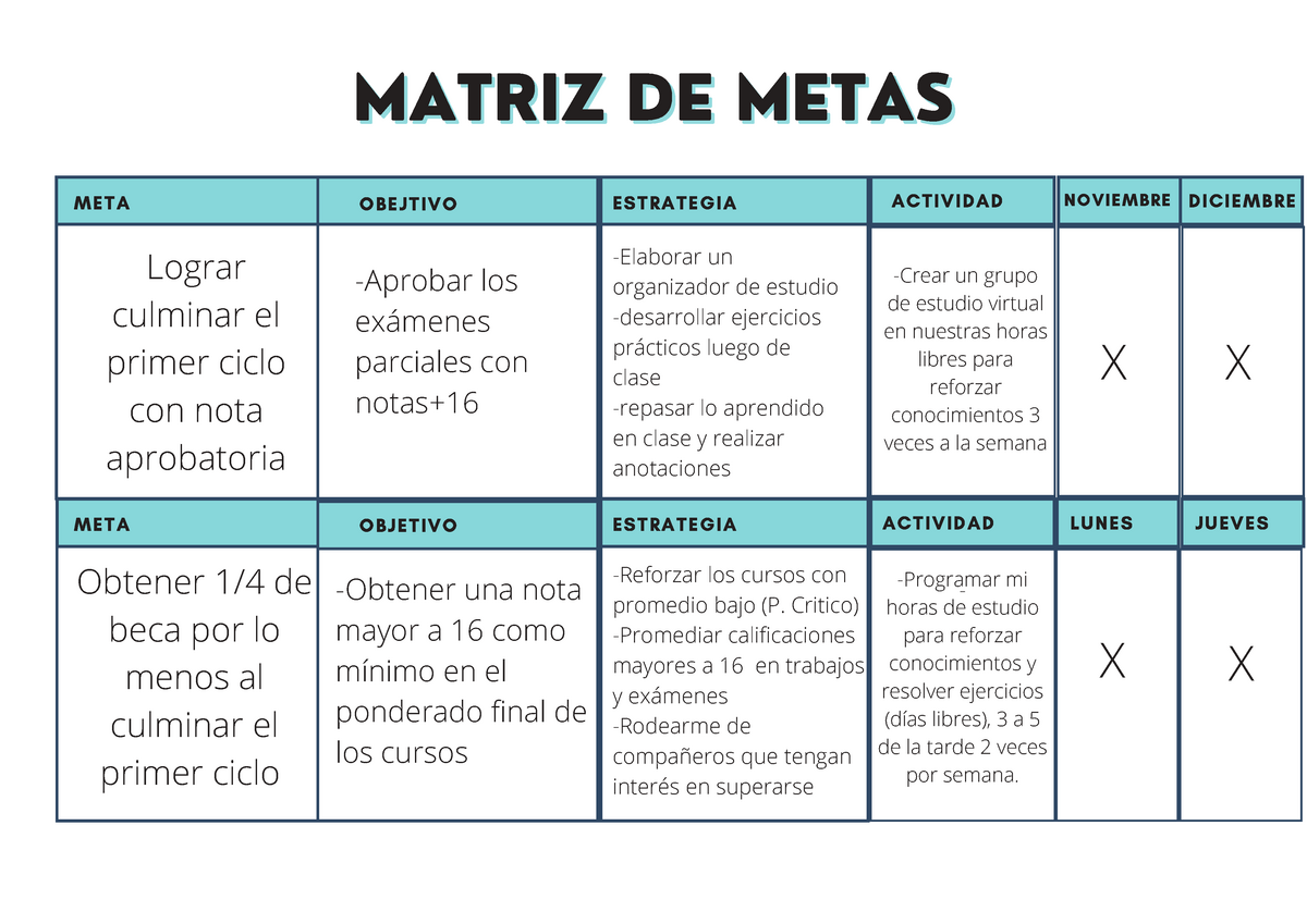 Matriz De Metas Matriz De Metasmatriz De Metas Meta Obejtivo Estrategia Meta Objetivo 3649