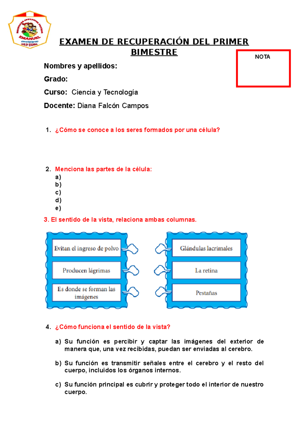 Examen DE Recuperacion DEL C Y T 3 Y 4 - EXAMEN DE RECUPERACIÓN DEL ...