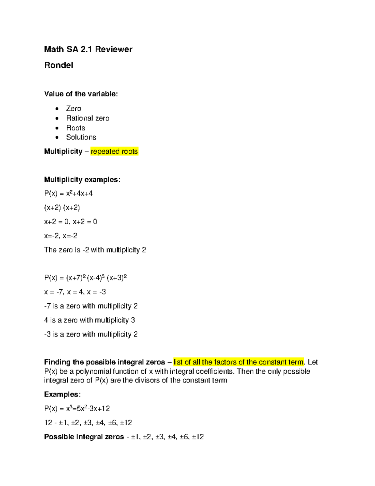 Math-SA-2 - Polynomials - Math SA 2 Reviewer Rondel Value of the ...