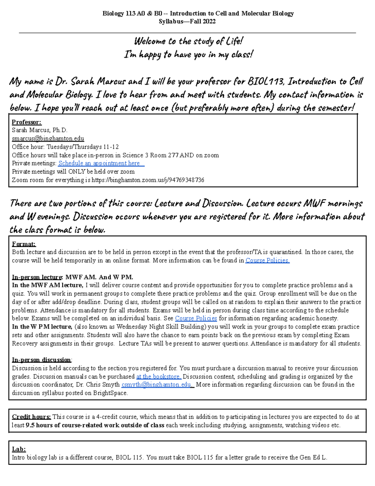 Biol113 Syllabus Fall 22 - Biology 113 A0 & B0 - Introduction To Cell ...