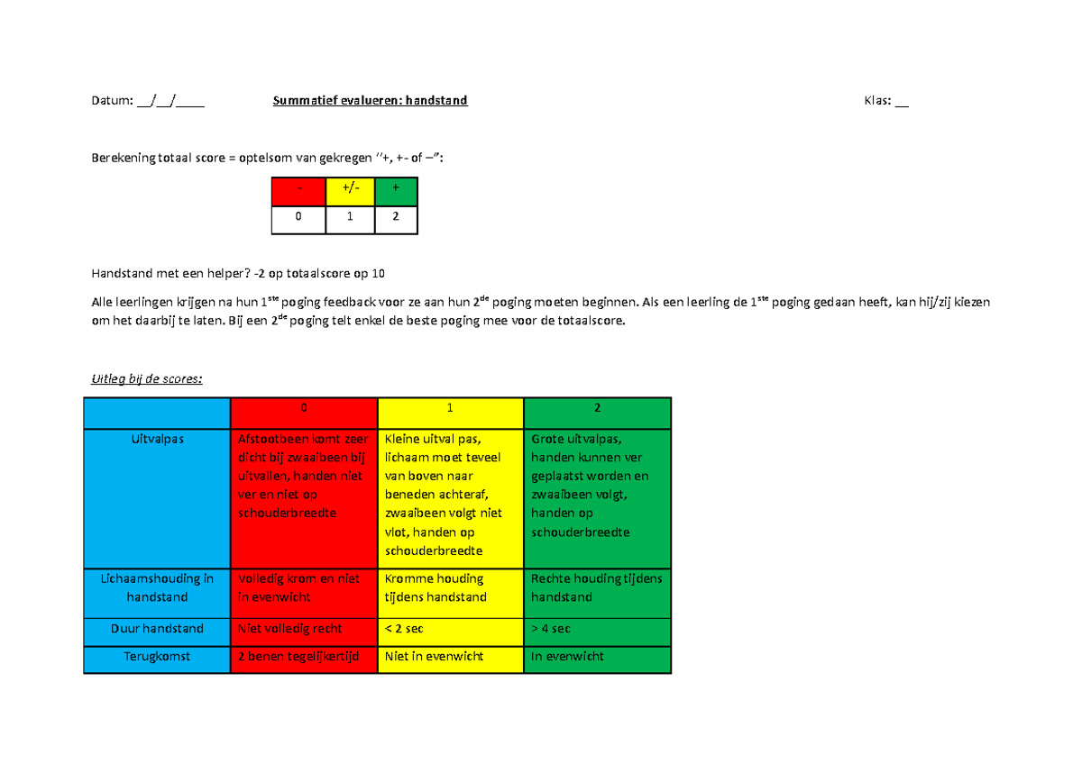 Evaluatie handstand - Datum: //____ Summatief evalueren: handstand Klas ...