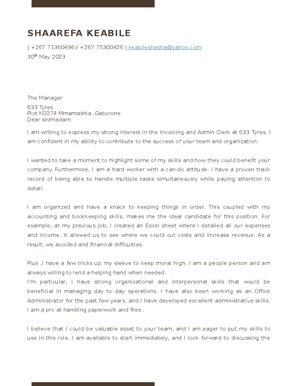 633 tyre - Job application - SHAAREFA KEABILE | +267 71360496 / +267 ...
