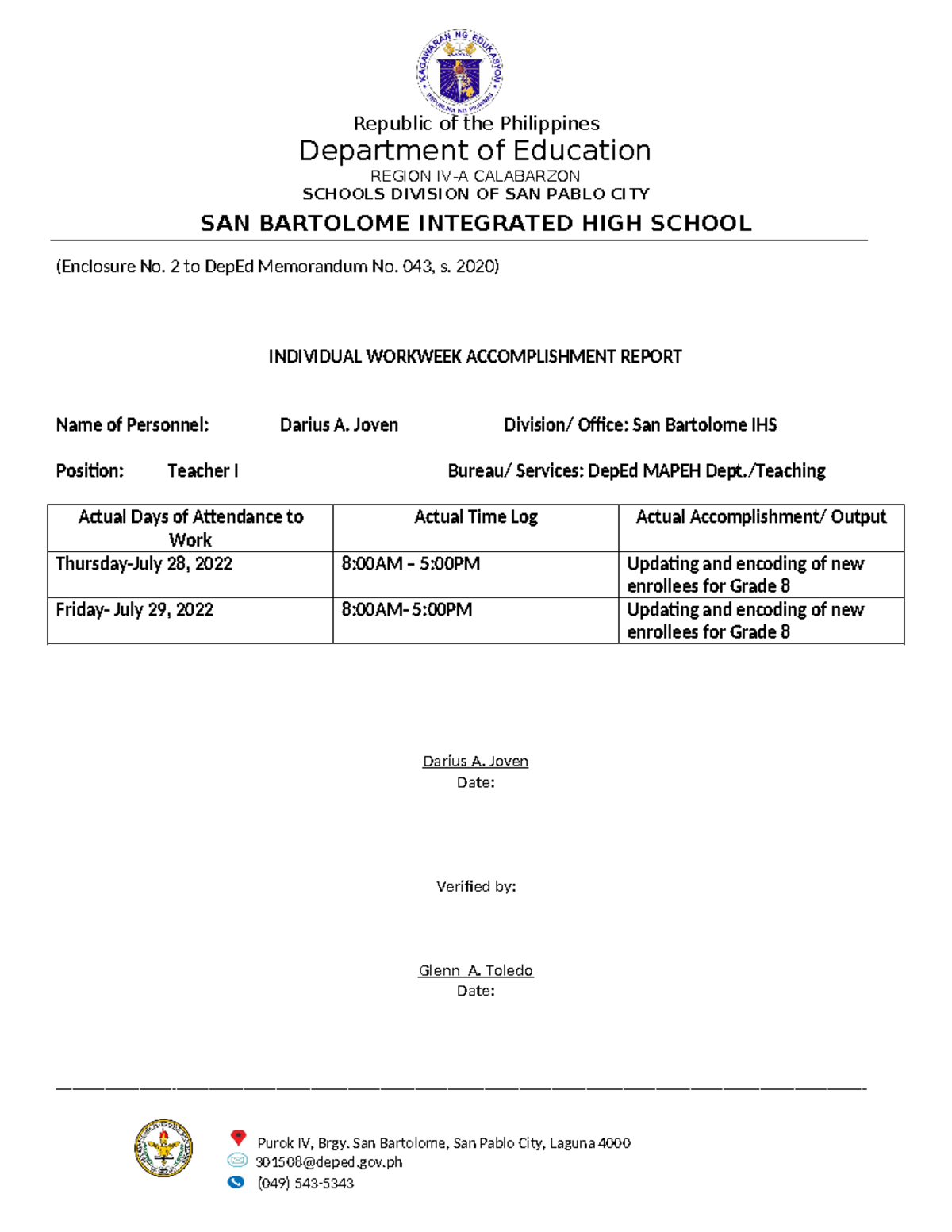 Individual Workweek Accomplishment Report JULY28 29 - Purok IV, Brgy ...