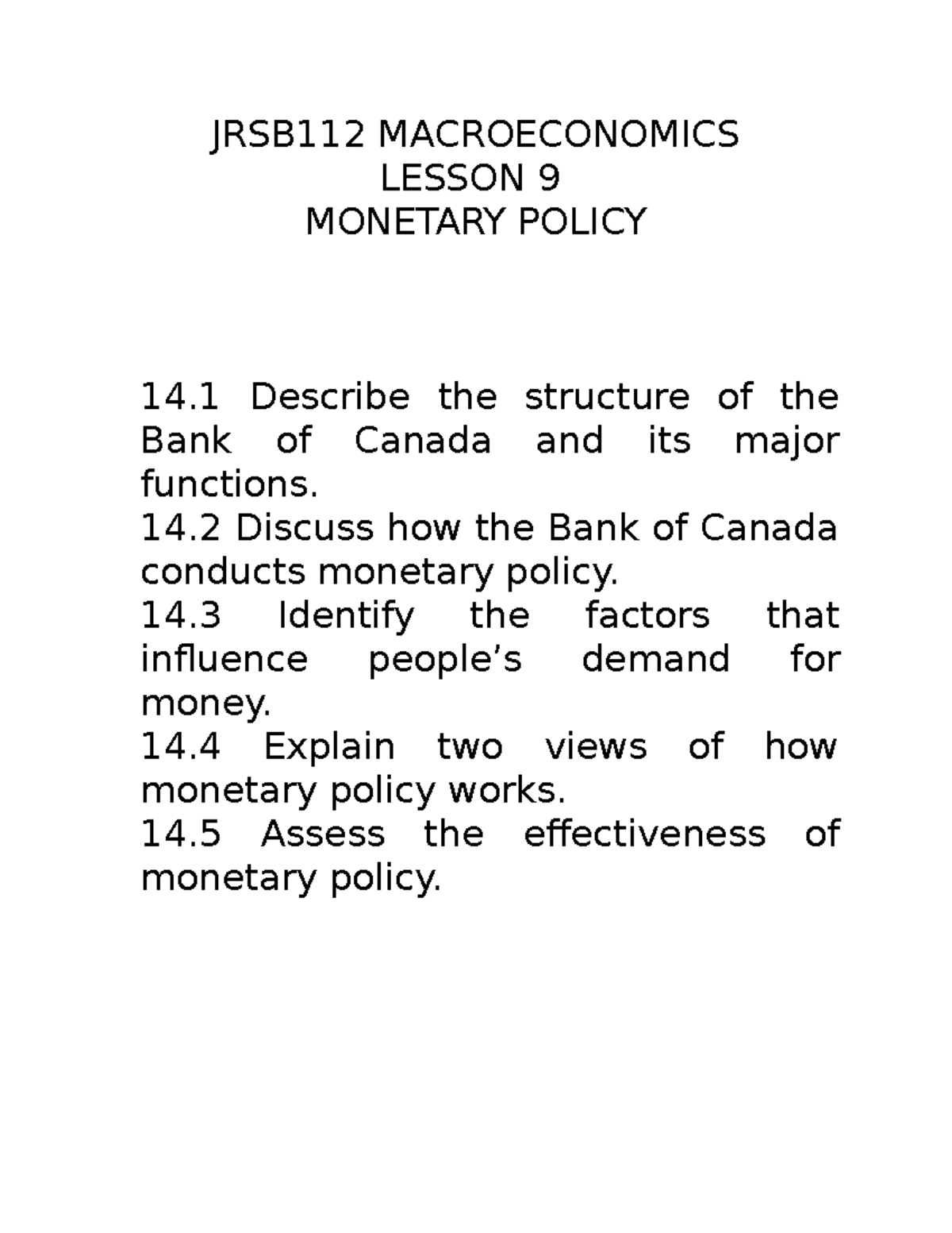 Chapter 14 - Lecture notes 10 - JRSB112 MACROECONOMICS LESSON 9 ...