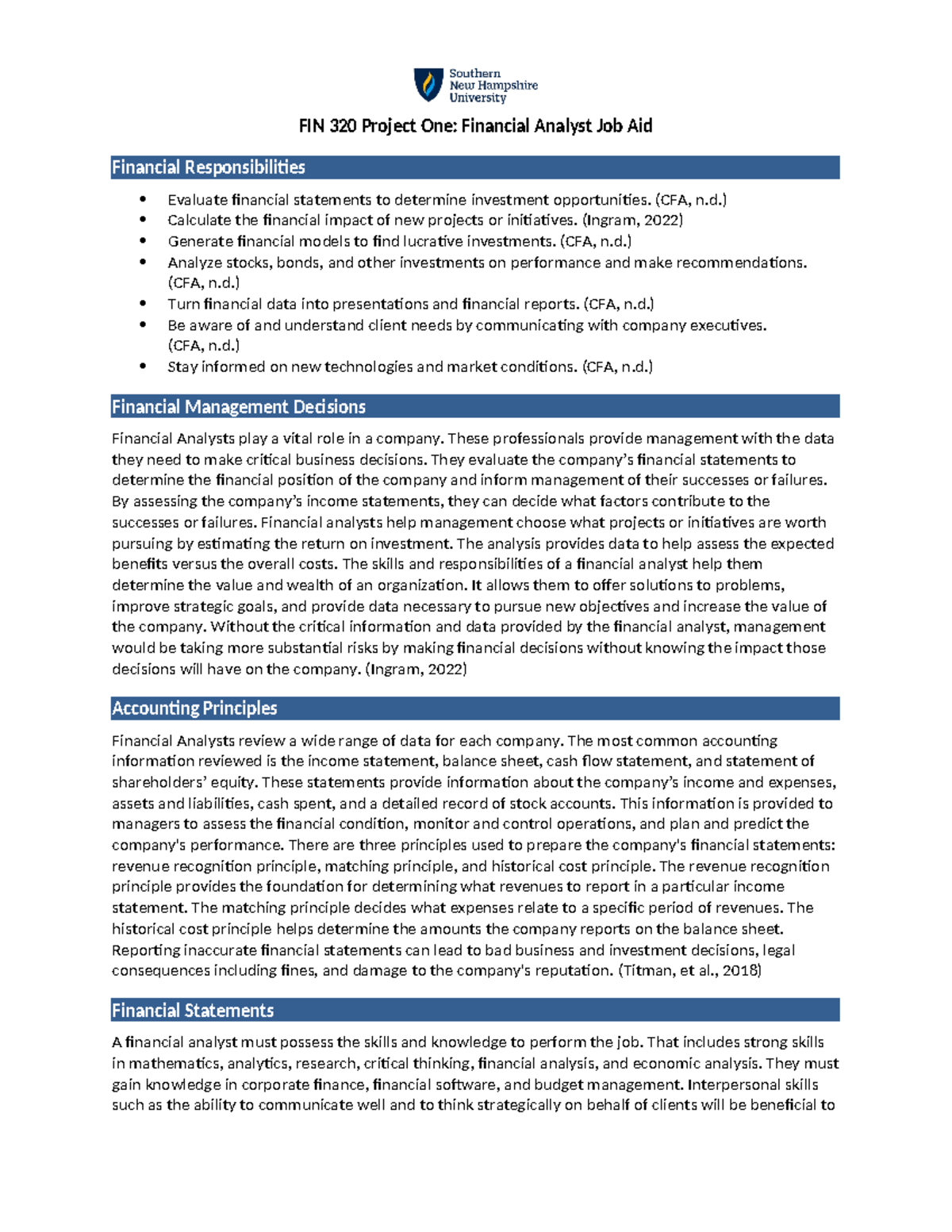 Project One Financial Analyst Job Aid - FIN 320 Project One: Financial ...