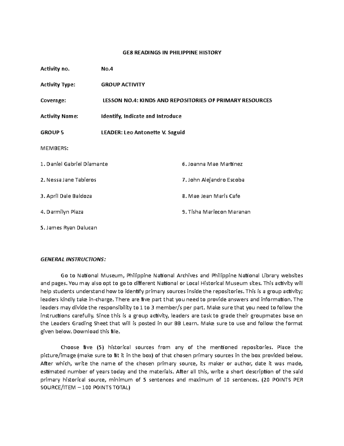 GE8- Activity-NO - activity - GE8 READINGS IN PHILIPPINE HISTORY ...