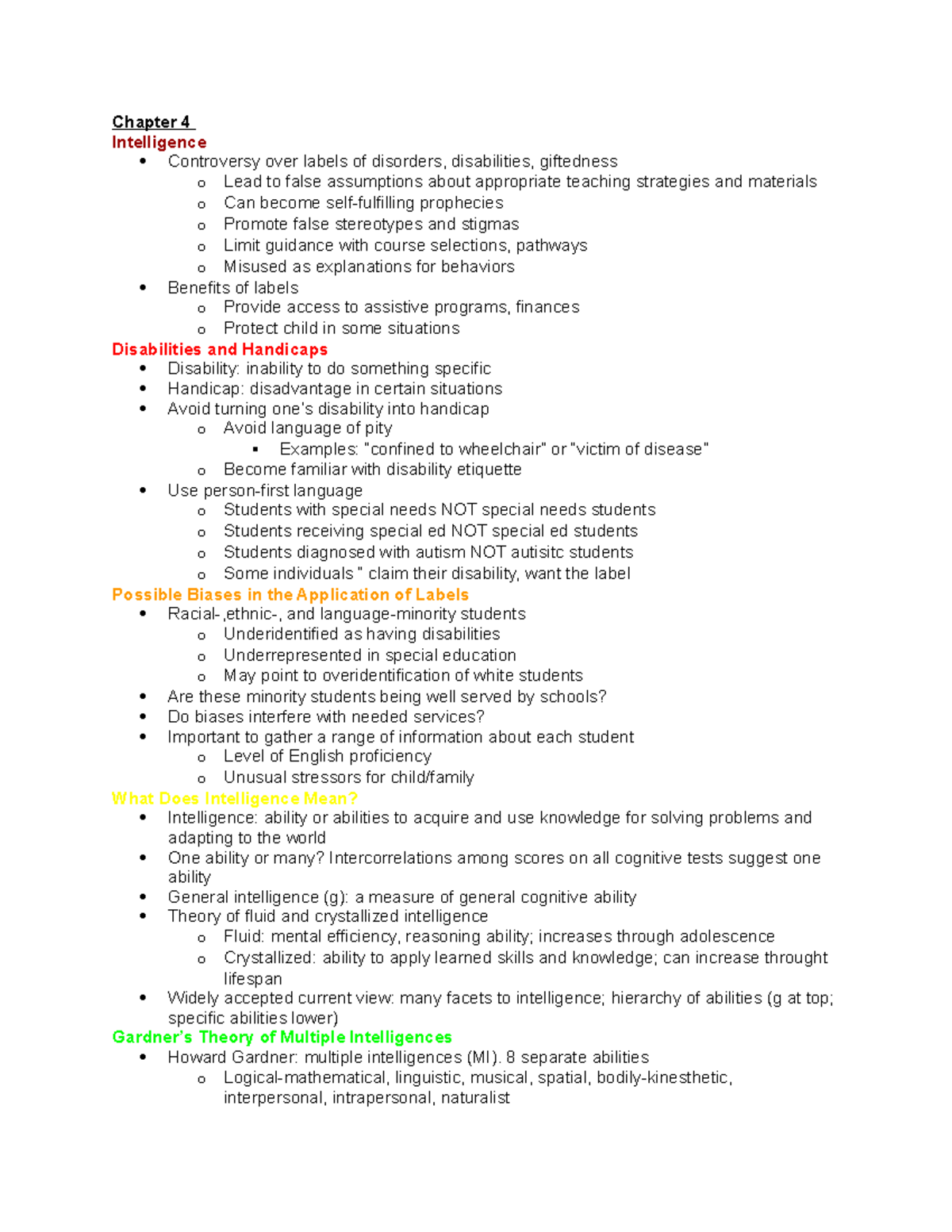 EDU 3303 1 - Notes - Chapter 4 Intelligence Controversy over labels of ...