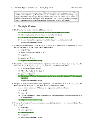 Retake Exam 2023 - CAEFO1080E: Applied Econometrics Final Exam, Page 1 ...