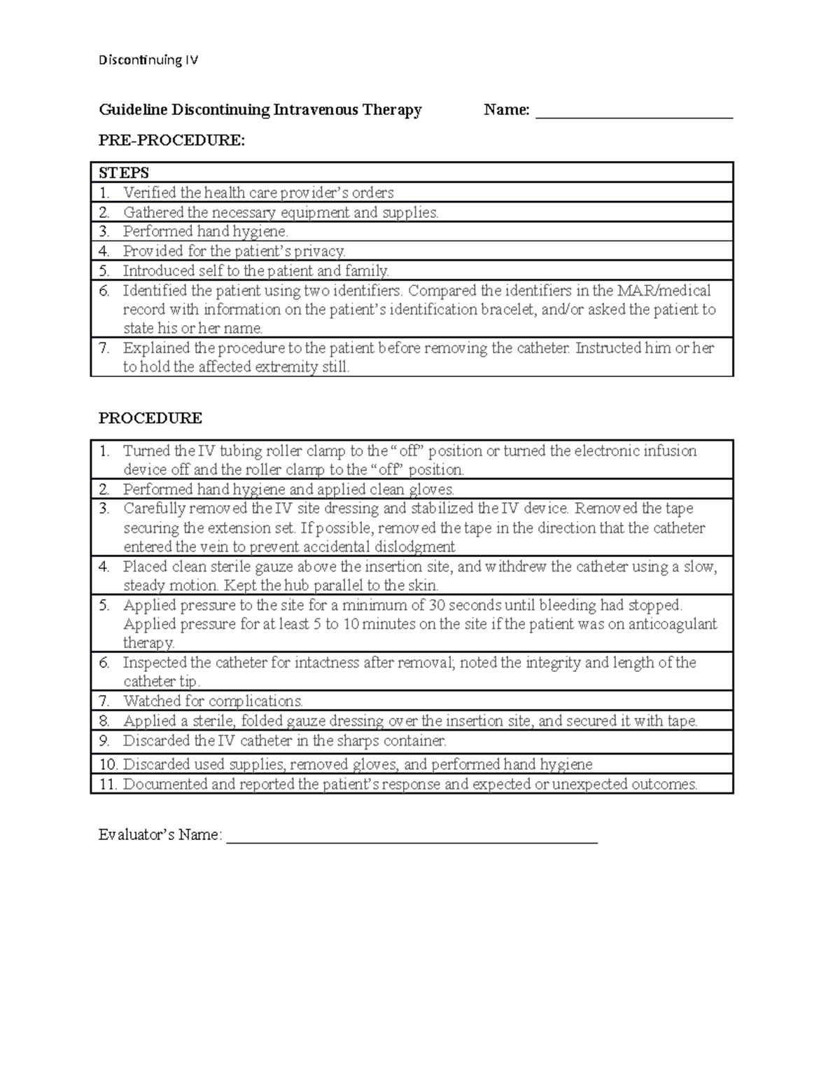 Guideline Discontinuing Intravenous Therapy - Performed hand hygiene ...